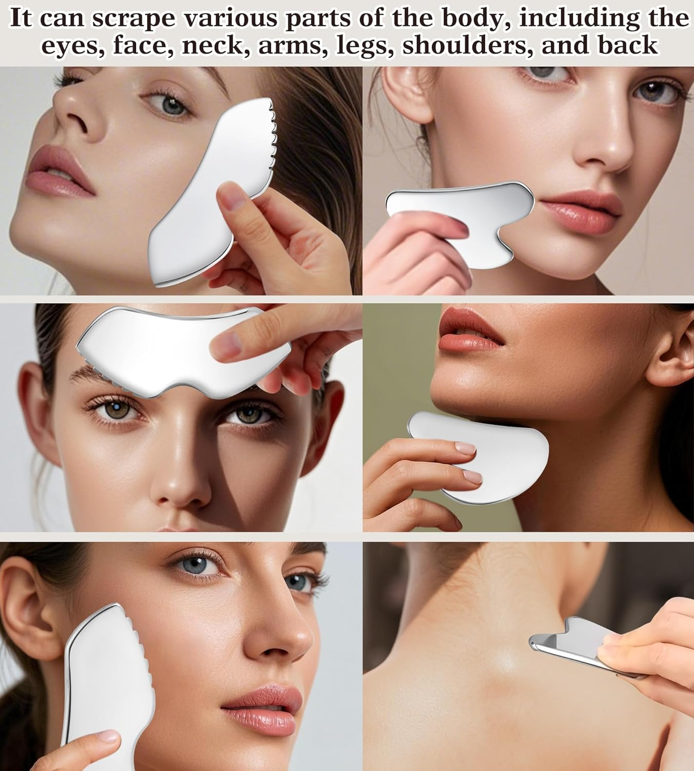 Gua Sha Facial Tools, 3 in 1 Stainless Steel Metal Guasha & Eye Cream Applicator Facial Sculpting Tool Set Eye Massager Lymphatic Drainage for Face Neck