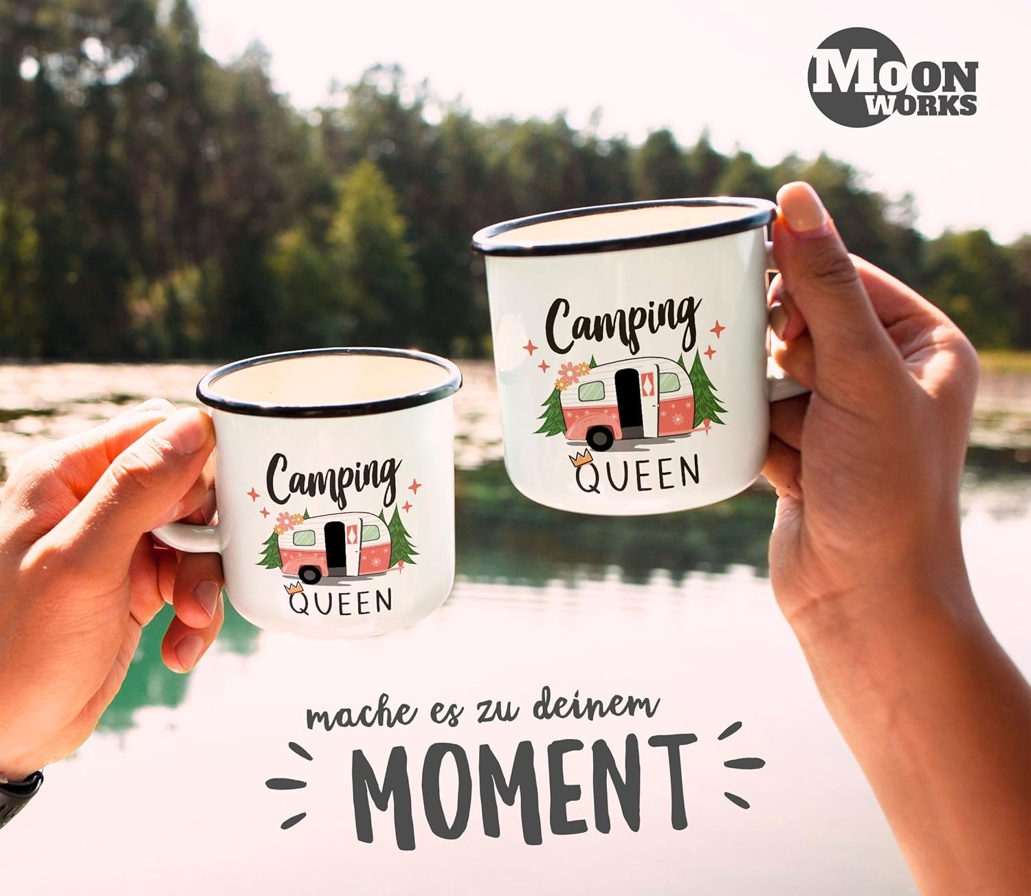 Moonworks&reg; Enamel Mug Camping Queen King Caravan Gift Camper Camping Holiday Accessories Queen Enamel White Black Standard image number 4