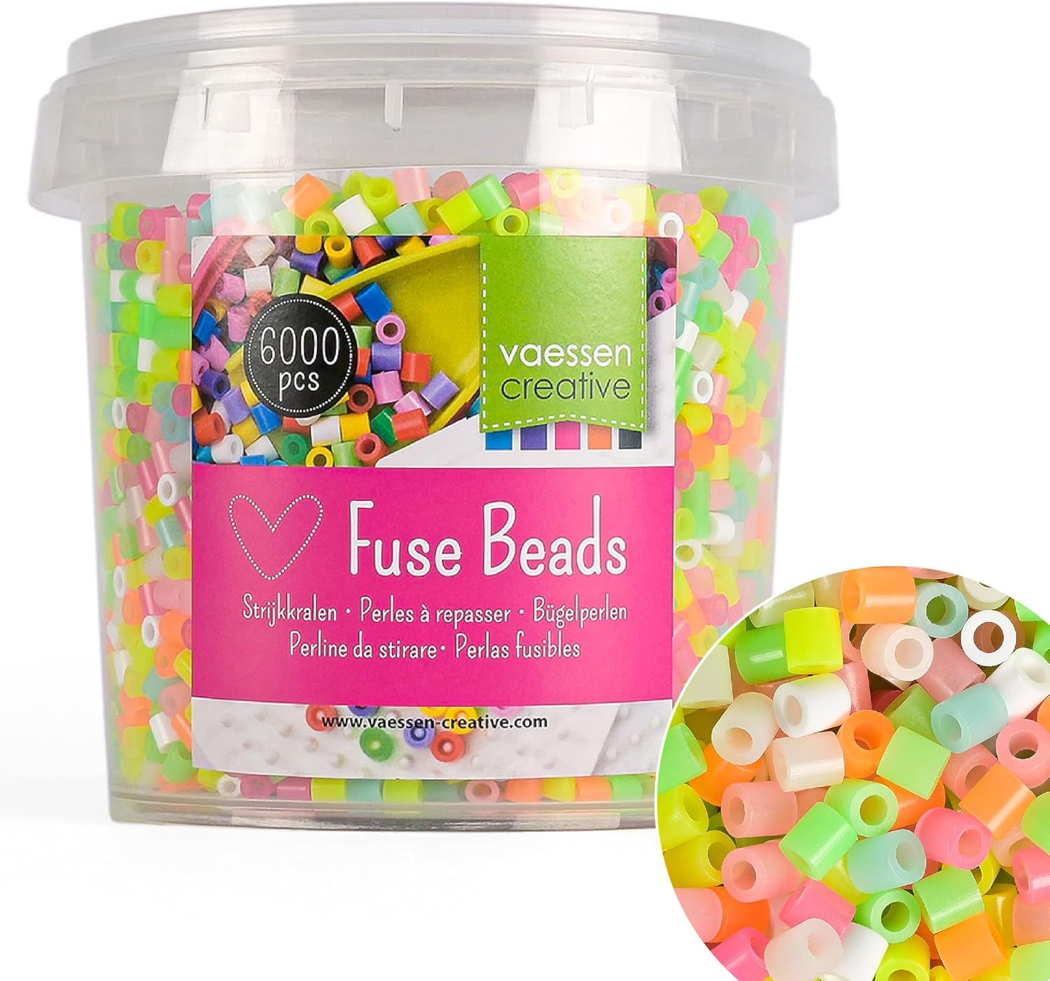 Vaessen Creative Fuse Beads, Glowmix, Set of 6000 Pieces for DIY Crafts with Kids, Making Jewelry, Homemade Decorations and Other Crafty Ideas, Neon Glow Mix, 5Mm