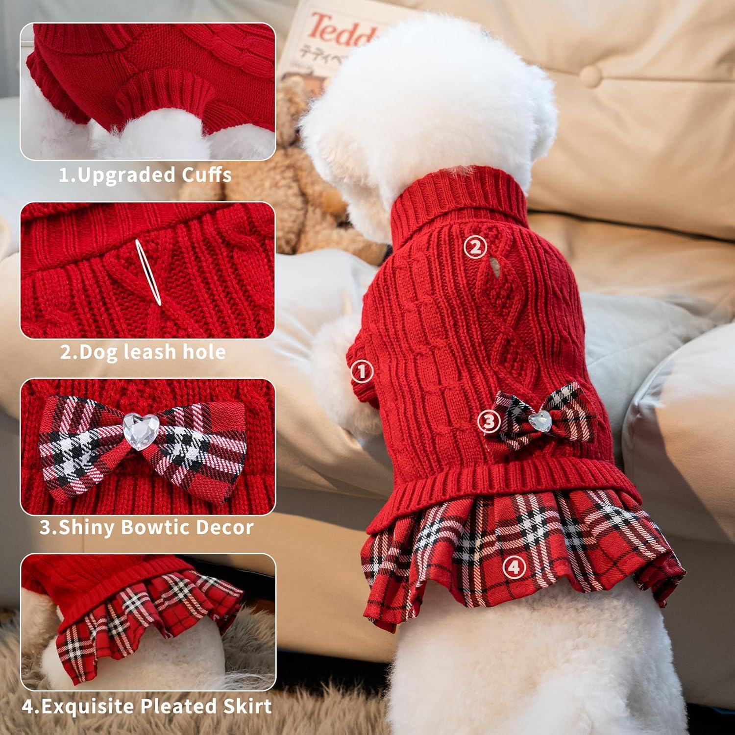 Slowton Dog Turtleneck Sweater Dress with Bowtie - Dog Warm Pullover Sweater with Leash Hole, Stretchy Knitted Winter Clothes for Small Medium Dogs Puppies