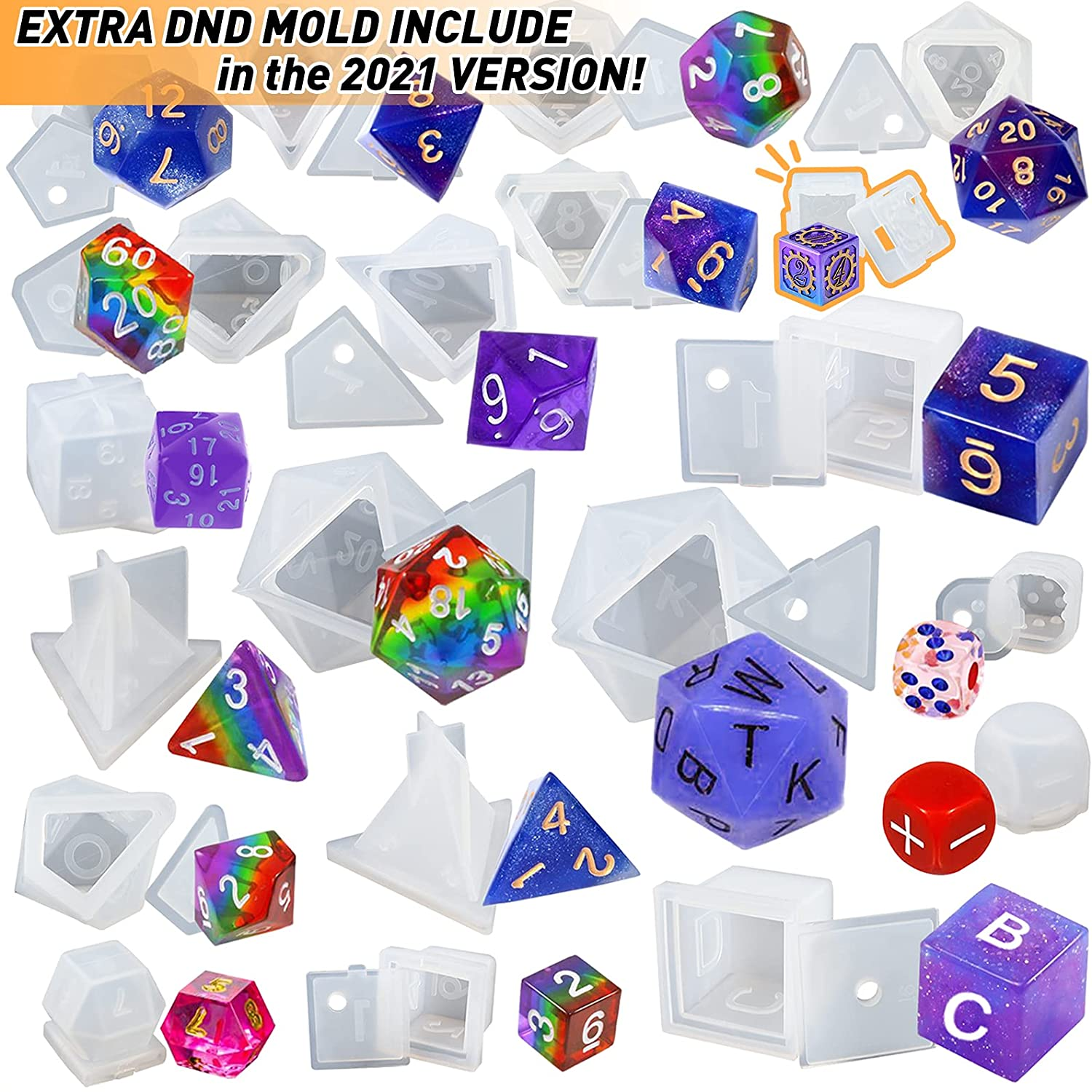 Resin Dice Mould Epoxy Casting Kit Set Number Letter Operation D4 D6 D8 D10 D12 D20 D24 20-Count 0.7-1.6Inch