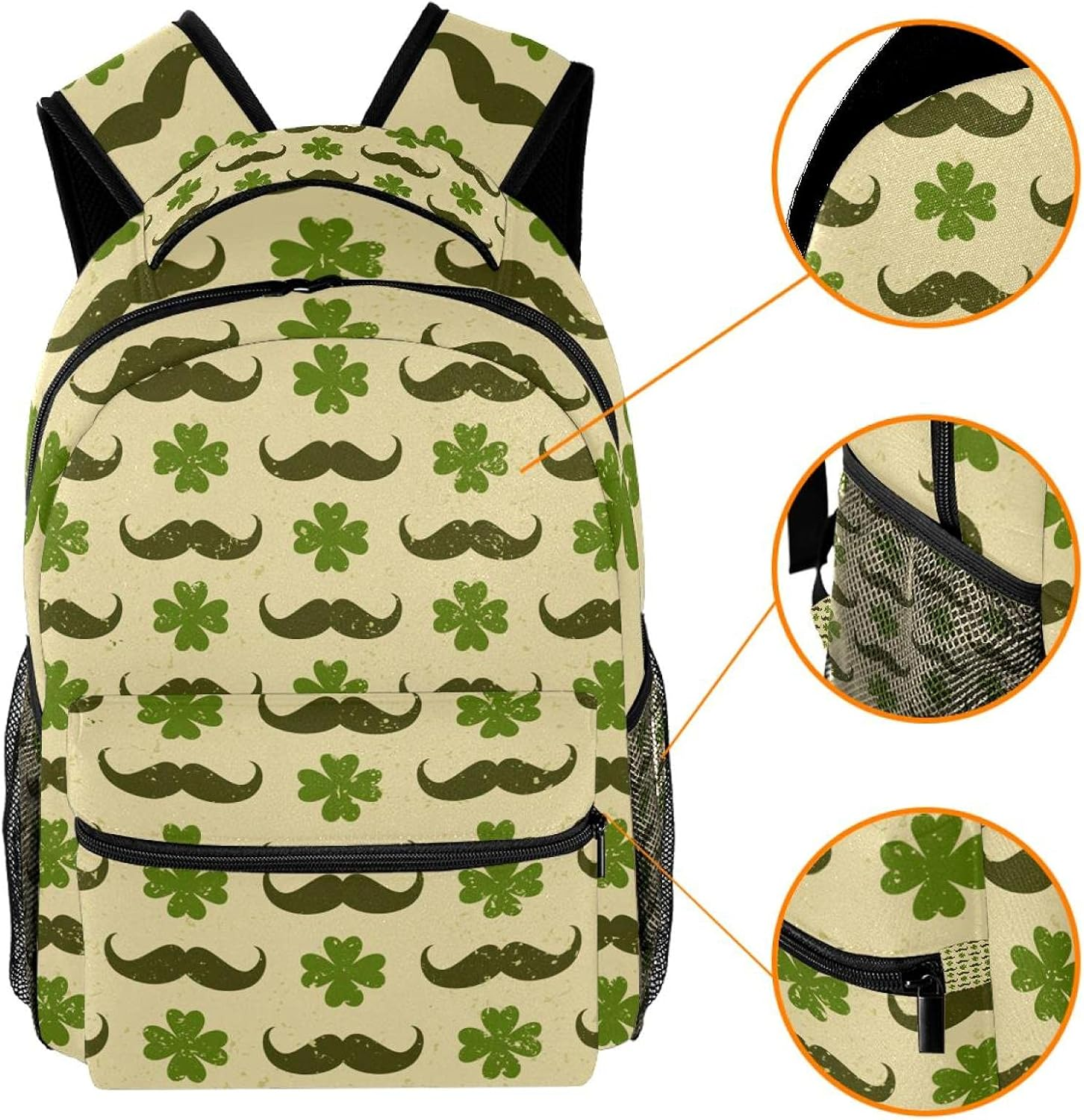 St. Patrick'S Day with Four Leaf Clovers and Mustaches Backpack Students Shoulder Bags Travel Bag College School Tote Backpacks image number 2