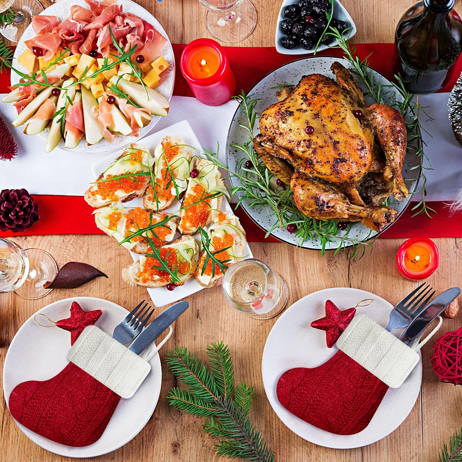 24 Pcs Christmas Mini Stockings Red Cable Xmas Rustic Stocking Mini Stockings Christmas Bulk Little Holiday Hanging Decorations Christmas Tree Ornaments for Fireplace Mantel Tree (Vintage Style) image number 1