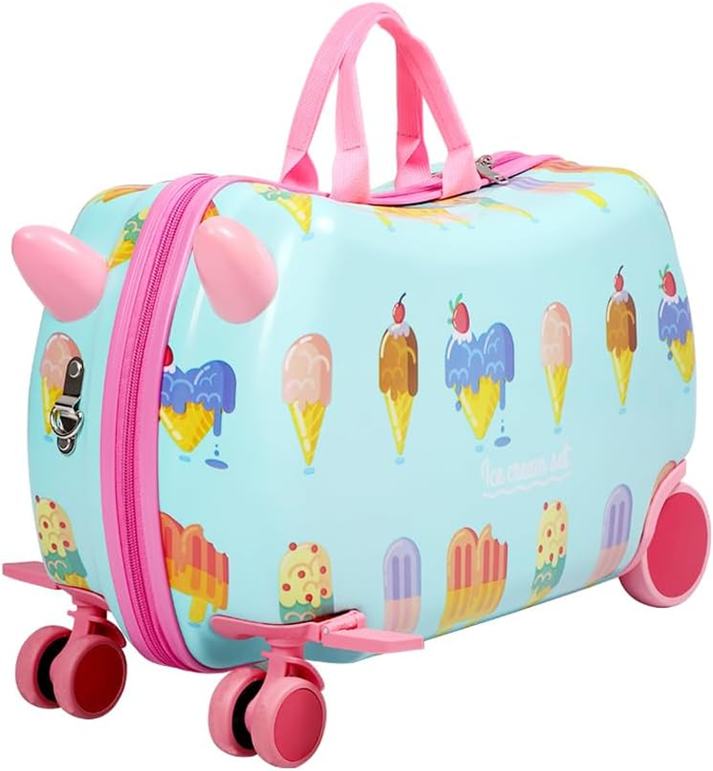 Bopeep Kids Ride-On Suitcase Scooter Children 2-In-1 Travel Rolling Luggage Organizer Carry-On Bag Trolley, W/Spinner Wheels, Shoulder Strap, for Kids Toddlers, Waterproof Shell(Ice Cream Pattern)