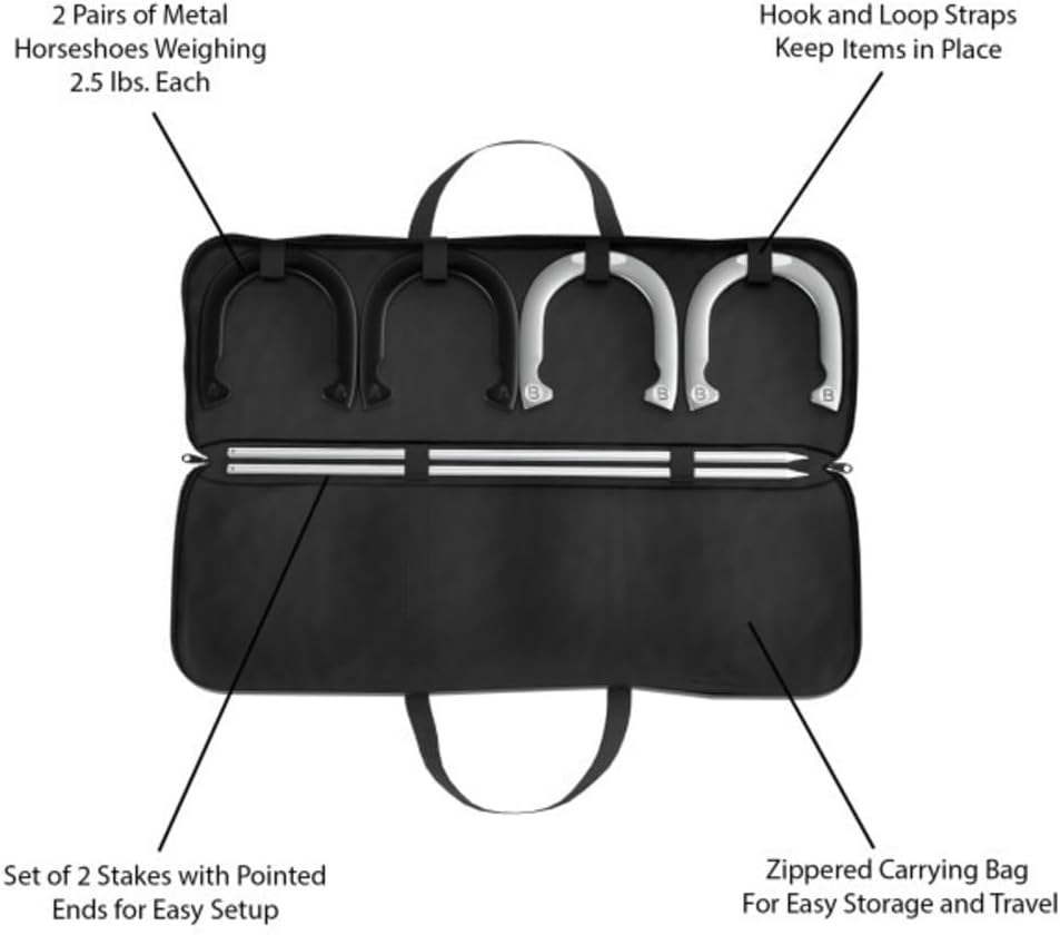 Trademark Global Racks/Futons Horseshoe Set- Full Outdoor Classic Horse Shoe Game Set with Easy to Carry Case, 4 Metal Shoes, 2 Poles for Adults and Kids 80-2760, Silver, Black, 1.25 X 27.00 X 9.25 Inches