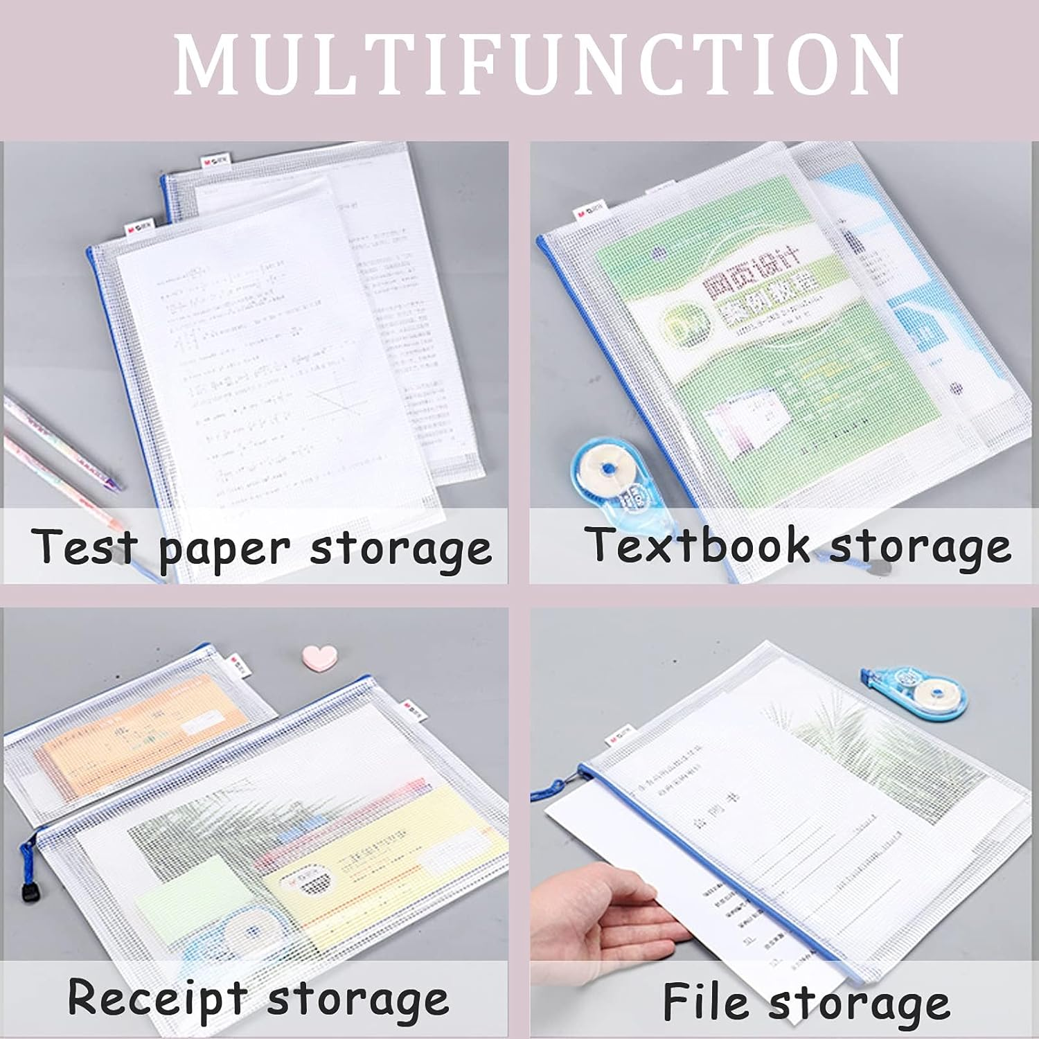 Pack of 10 Mesh Document Bag A3 Size Durable Plastic Zipper File Wallet Rope Hook Design for Paperwork Documents A3 Document Wallet image number 5