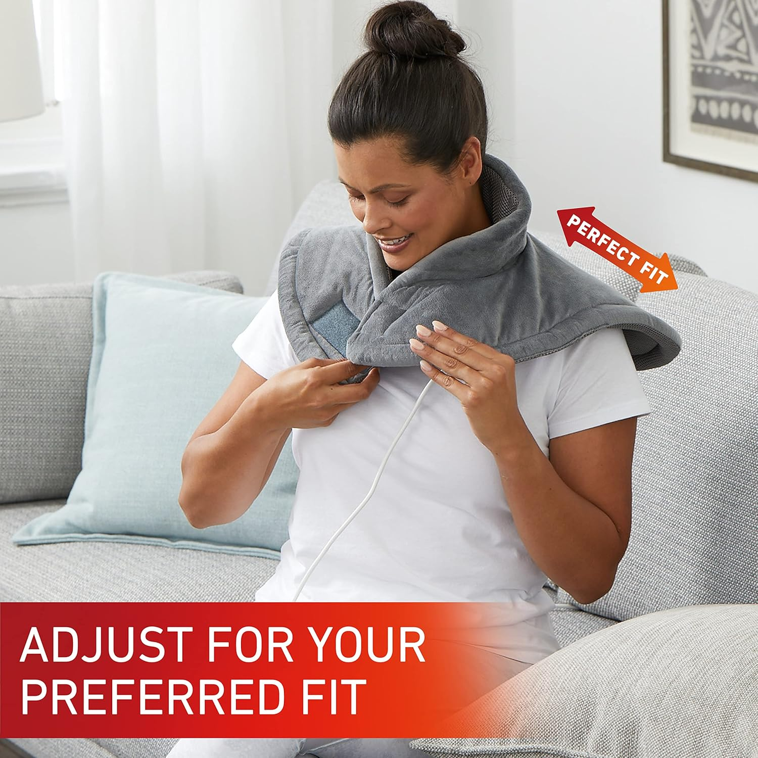 Sunbeam Electric Heating Pad for Shoulders & Neck |35.5X50Cm, Contoured Design, 5 Heat Settings to Soothe Muscles, Fast Heat-Up, Consistent Temperature, Soft Washable Fabric, Wellness Product,Grey (HPN5300) image number 1