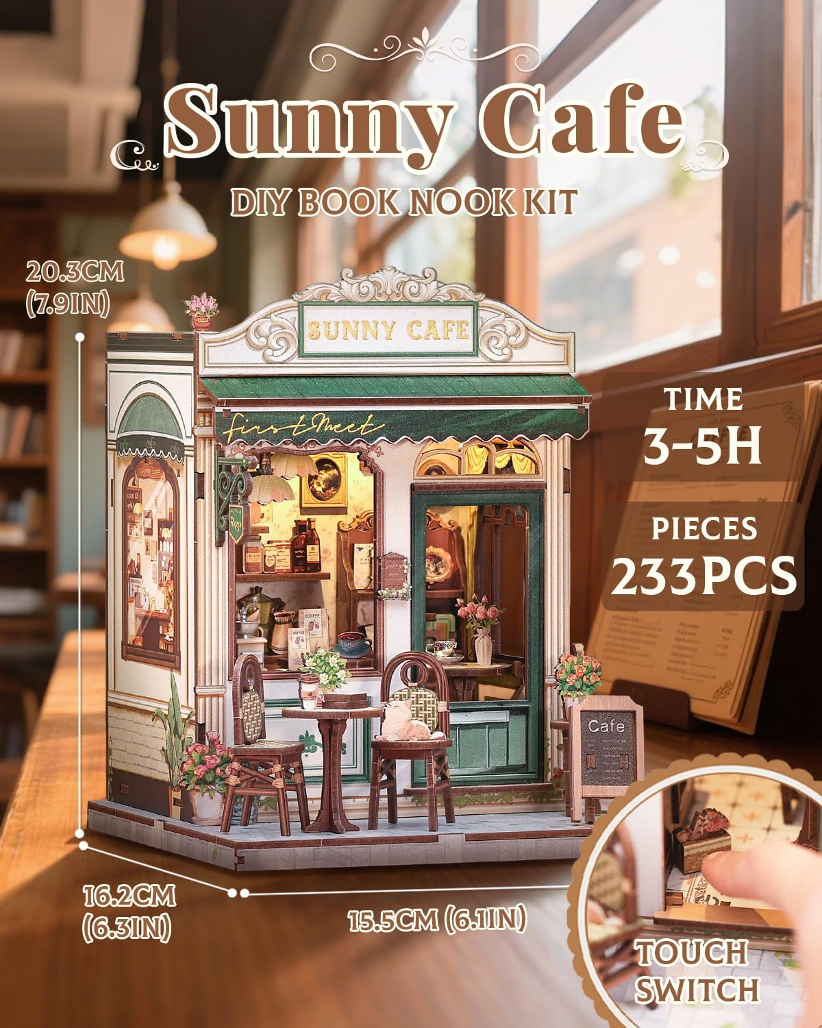 CUTEBEE Book Nook Kit - DIY Miniature House Dollhouse Kit for Adults and Teens, Booknook Tiny House Bookshelf Decor 3D Wooden Puzzle for Family, Friends (Sunny Cafe) image number 4