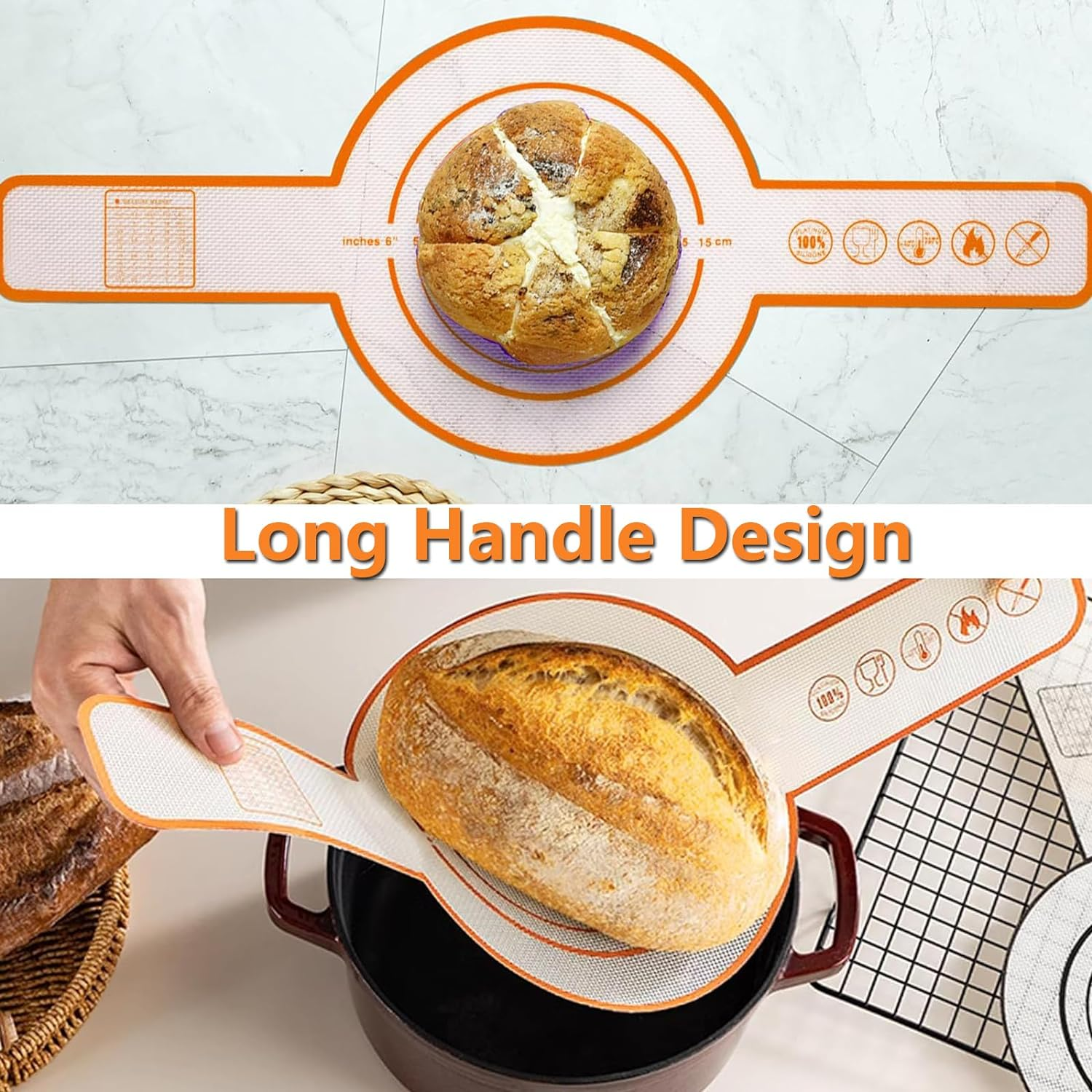 2 PCS Silicone Baking Mat for Dutch Oven, Reusable Bread Sling Oval, Non-Stick & Easy Clean Baking Mat with Long Handles, Easy to Transfer Sourdough