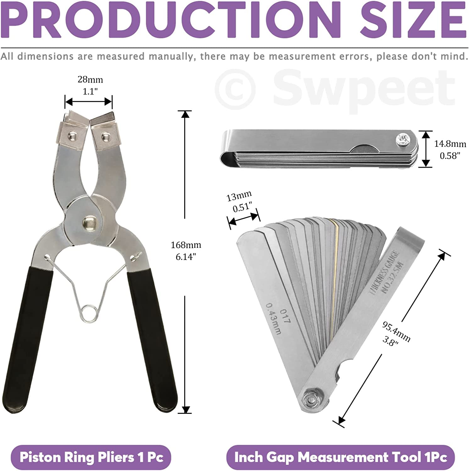 Swpeet 8Pcs 3" 4" 6" Piston Ring Compressor and Adjustable Piston Installation Tool Installer Removal Pliers with Wrench and Stainless Steel Feeler Gauge Assortment Kit for Car Engine image number 5