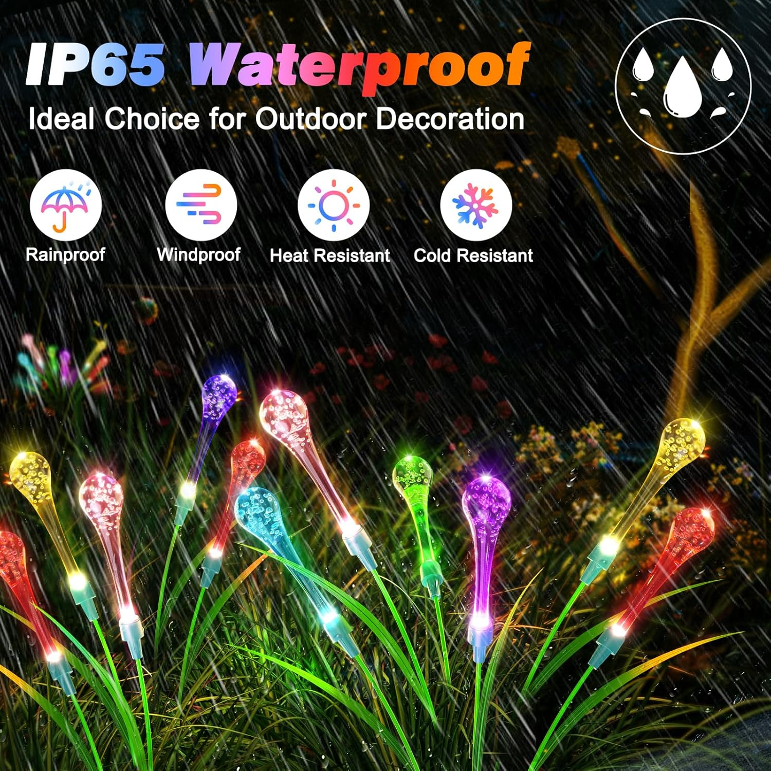 Bluefire 2 Pack Solar Garden Lights, Crystal Acrylic Water Drop Lights with 12 Bulbs, Waterproof Solar Lights Outdoor Patio Lights for Garden Lawn Patio Yard Wedding Party Decor(Multicolor) image number 6