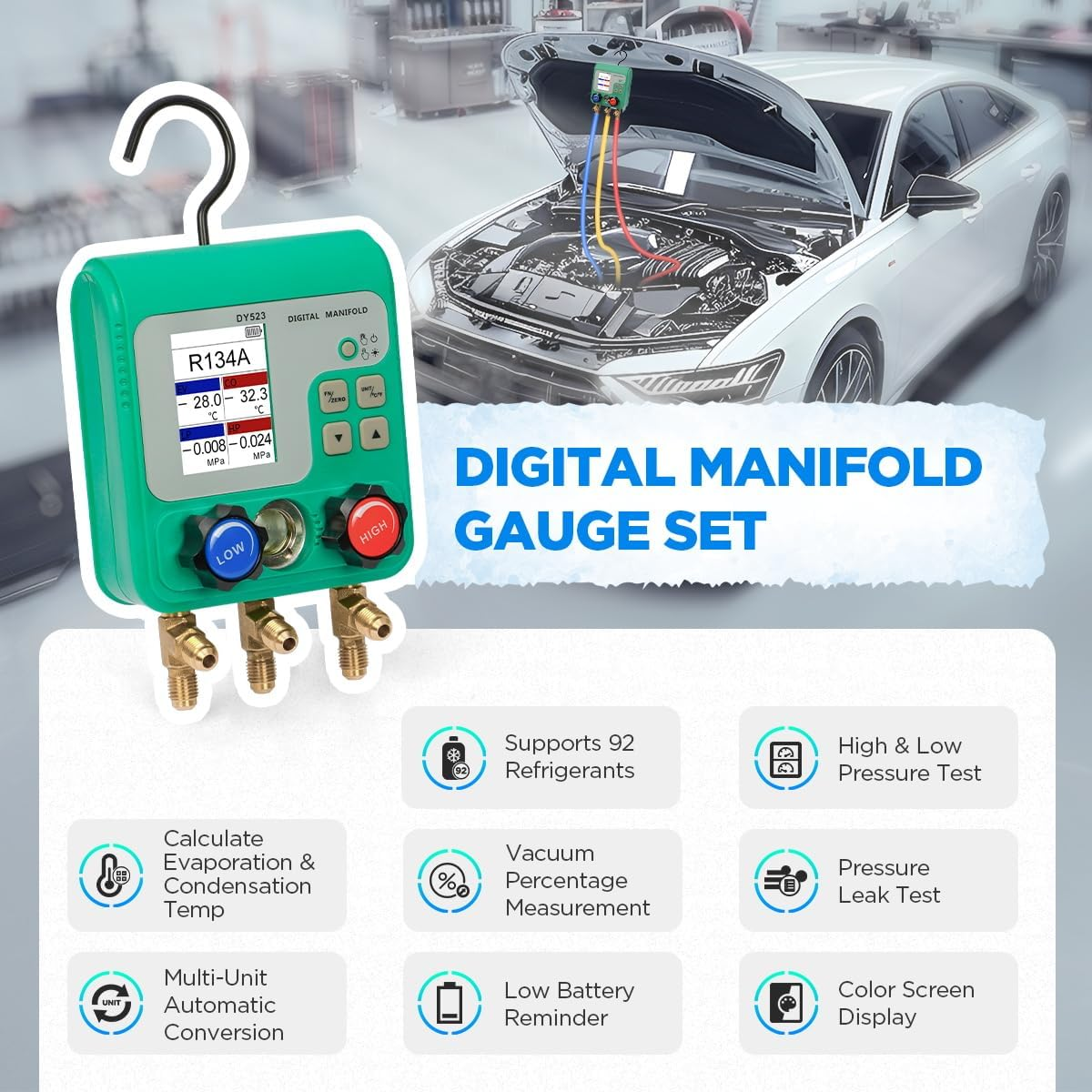 CMTOOL Digital HVAC Gauges Set, 92 Refrigerants, Digital Manifold Gauge Set, Pressure and Vacuum Test, HVAC Tools with 3 Hoses, R134A Quick Connectors & Valve Core Remover image number 3