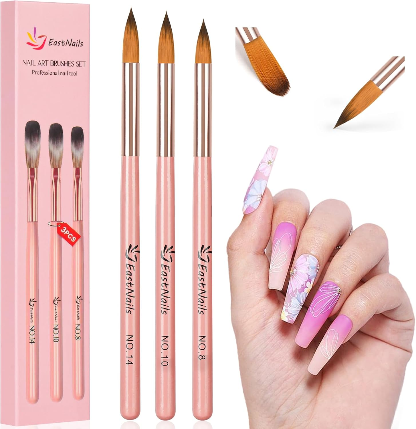 URAQT Brush Set for Nail Art, 3-Piece Acrylic Gel Nail Brush Set, Nail Brush, Acrylic Brush for Nails, Brush for Gel Nails, Brush Nail Design, Nail Art Dotting Nail Art Nail Pen for Painting (White)