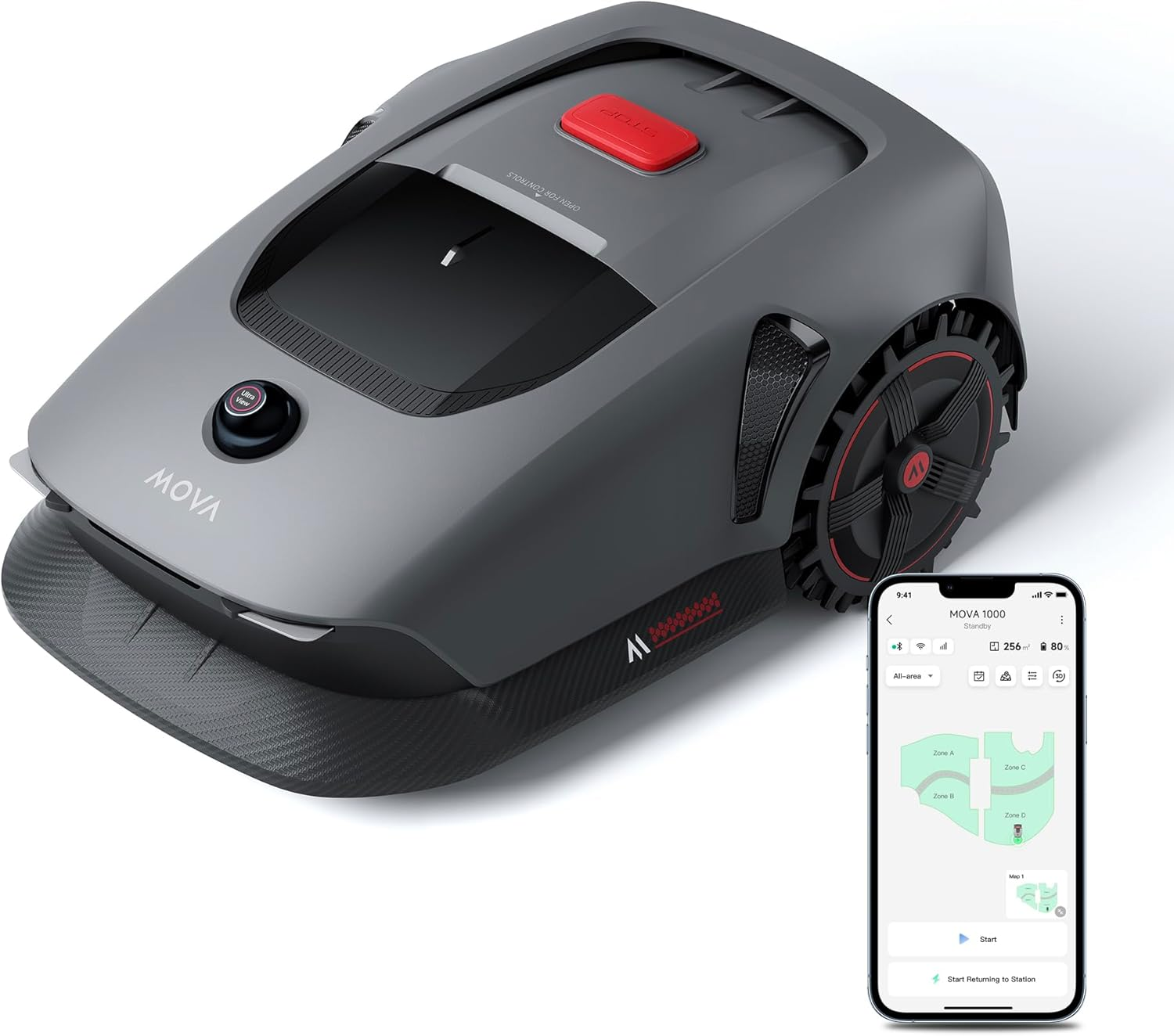 MOVA 1000 Robotic Lawn Mower, Ultraview Wire-Free Setup and Accurate Mapping up to 1,000M&sup2;, Smart Obstacle Avoidance, App Control, Enhanced Off-Road Wheels, U-Shaped Cutting, Fast Charging image number 4