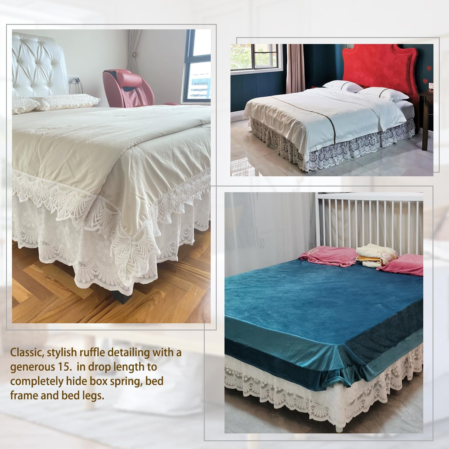 15" Drop Lace Bed Skirt for Twin/Full/Queen/King Bed, Elastic Dust Ruffle Bedskirt Wrap around Bed Skirt - 3 Sides of Bed