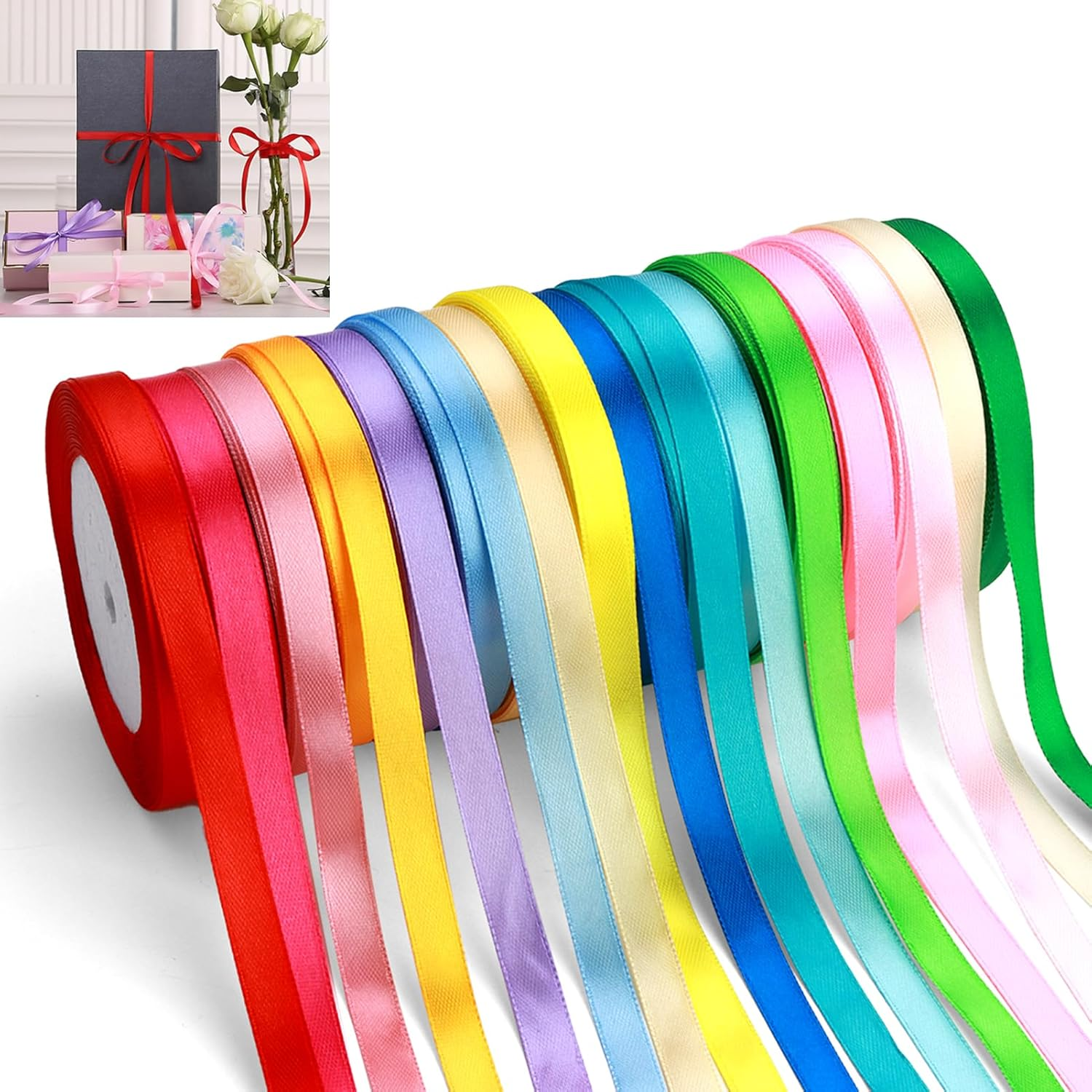 16 Colors Satin Ribbon Rolls - 1Cm Wide, 22M Each, Single-Sided Polyester Fabric, Ideal for Bows, Crafts, Gifts, Party and Wedding Decorations, Smooth and Luxurious, Embellish with Silk Satin Ribbon image number 4