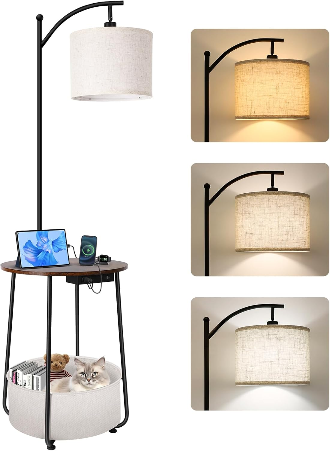 OUTON Floor Lamp with Table, Shelf Floor Lamp with Charging Station, 3 Color Temperatures 12W LED Bulb, Standing Lamp with Fabric Basket for Bedroom Living Room Office, Rustic Brown image number 2