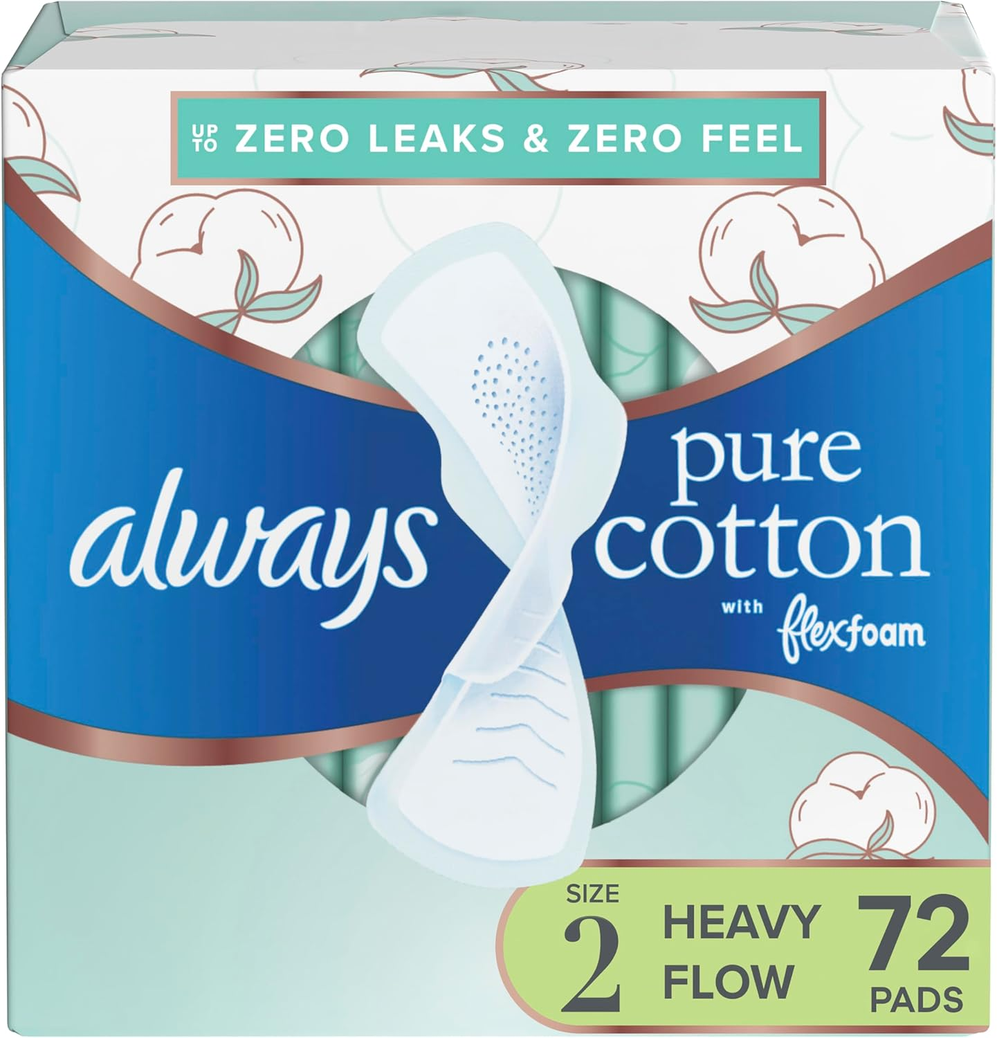 Always Pure Cotton with Flexfoam Pads for Women Size 2 Heavy Flow Absorbency, with Wings, 24 Count (Pack of 3, 72 Total Count) image number 6