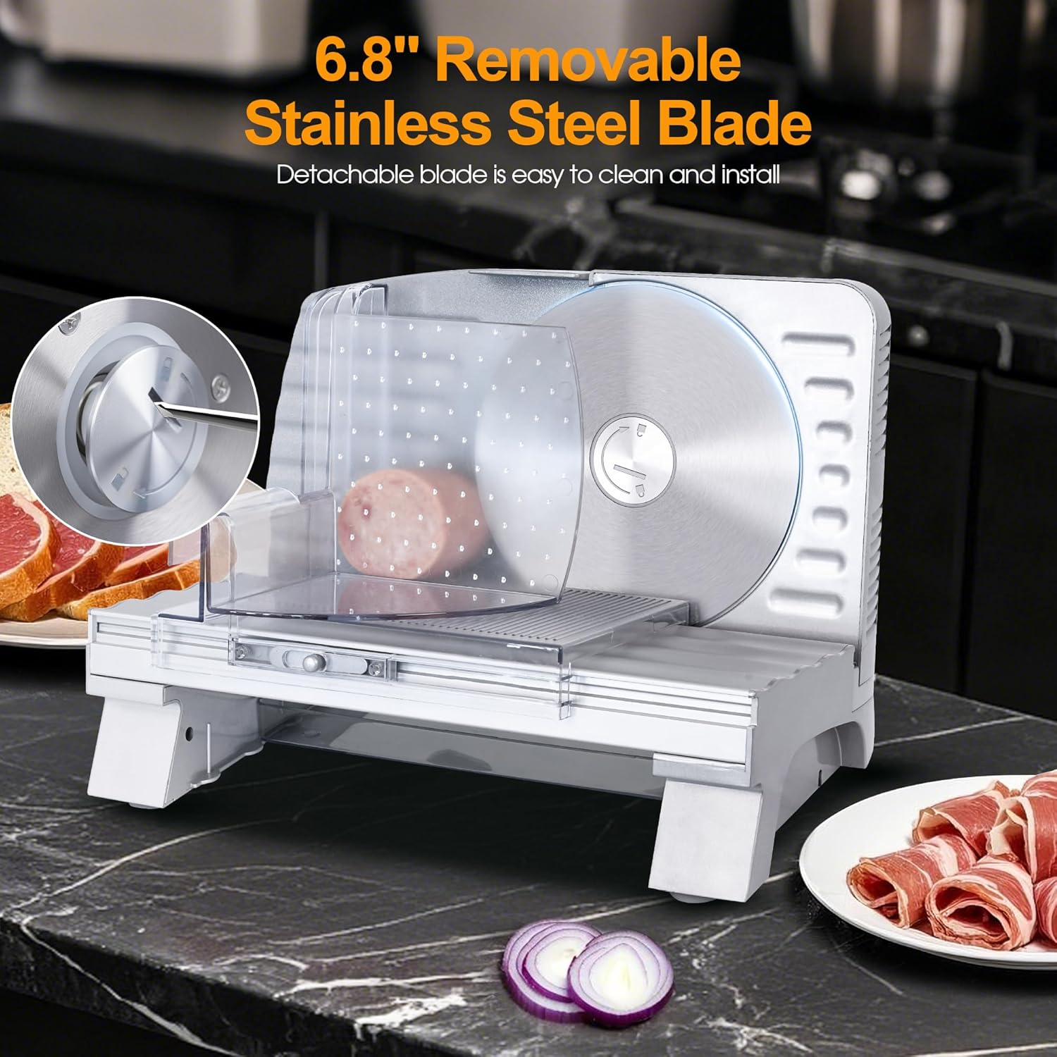 Electric Meat Slicer, 6.7" Meat Slicers Precision Food Cutting Machine W/ 2 Removable Stainless Steel Blades, Easy-Wash Fruit Cheese Meat Cutter | Adjustable Thickness | 200W