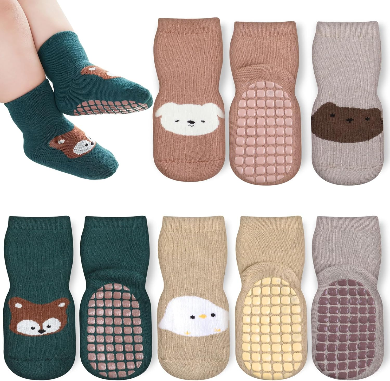 4 Pairs Unisex Baby Socks Non Slip Grip Socks for Girls Boys Children Floor Socks Warm Cute Animal Cartoon Toddler Kids Anti-Slip Cotton Socks for 0-5 Years Old image number 5