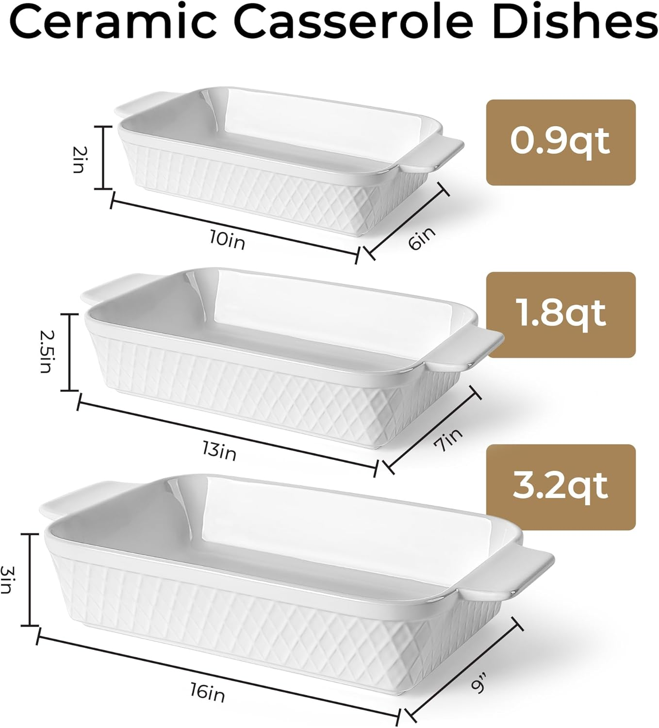 MIAMIO - Casserole Dish Set of 3 / Ceramic Rectangular Baking Pan, 3-Piece Stackable Bakeware Sets, 850 Ml, 1650 Ml, 2900 Ml - Dishwasher and Oven Safe - Palmanova Collection image number 4