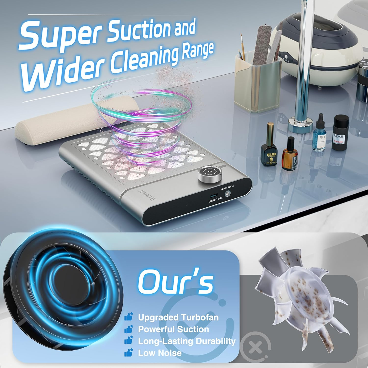 Karite Nail Dust Collector, Upgrade Vacuum Dust Collector with Filter & 30Pcs Papers, 5000RPM Power Suction, 6000Mah Rechargeable Dust Collector Nail Tech, Cordless for Easy Use and Cleaning image number 4