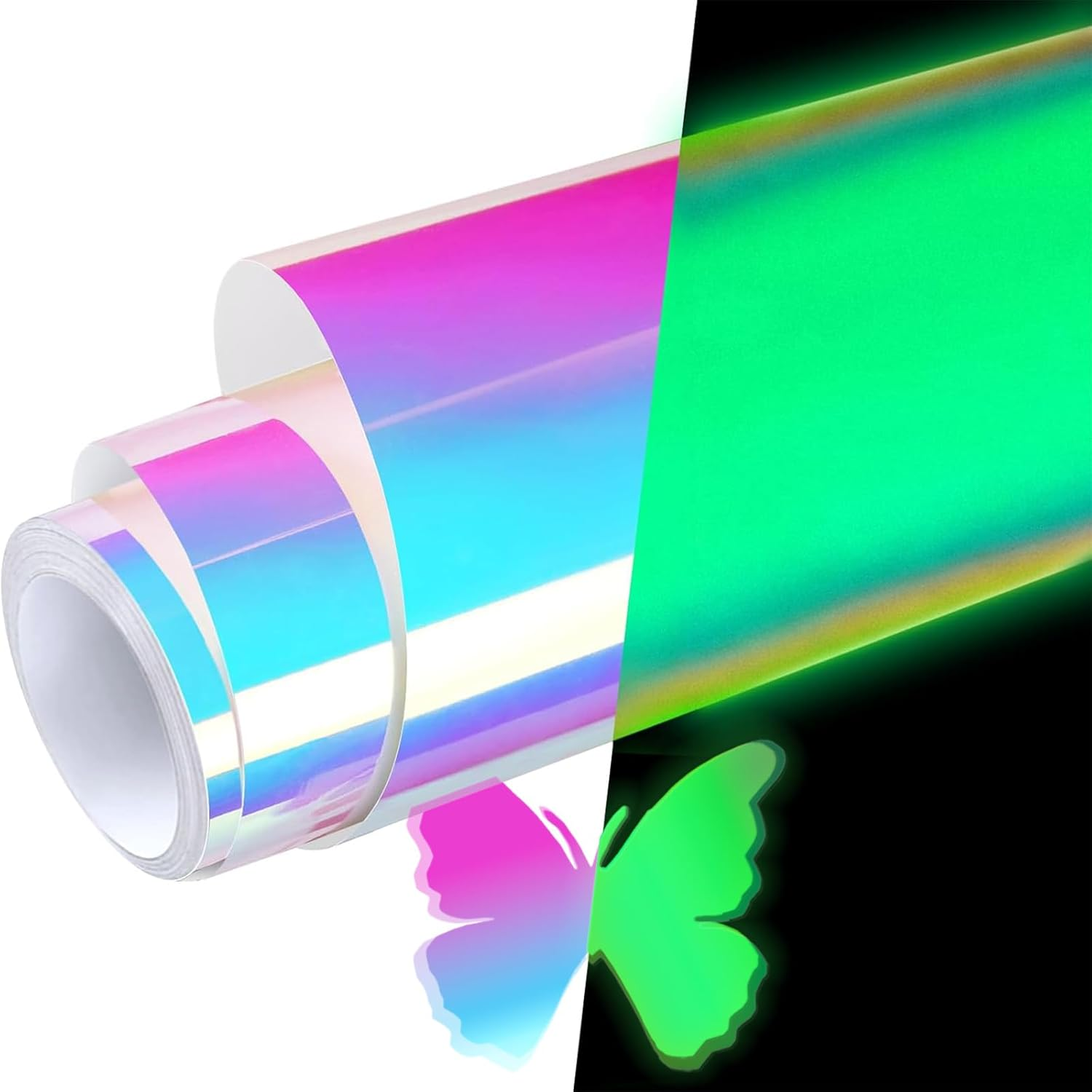 Glow in the Dark Vinyl 12" X 6 Ft Permanent Adhesive Vinyl Holographic Iridescent Vinyl Opal White Glow Green for Wrap, Stickers, Decal, Lettering, DIY Crafts Decor