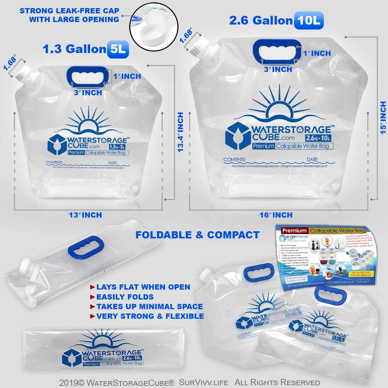 Waterstoragecube Premium Collapsible Water Container Bag, BPA Free Food Grade Clear Plastic Storage Jug for Camping Hiking Backpack Emergency, No-Leak Freezable Foldable Water Bottle 1.3 Gallon 10Pack image number 5