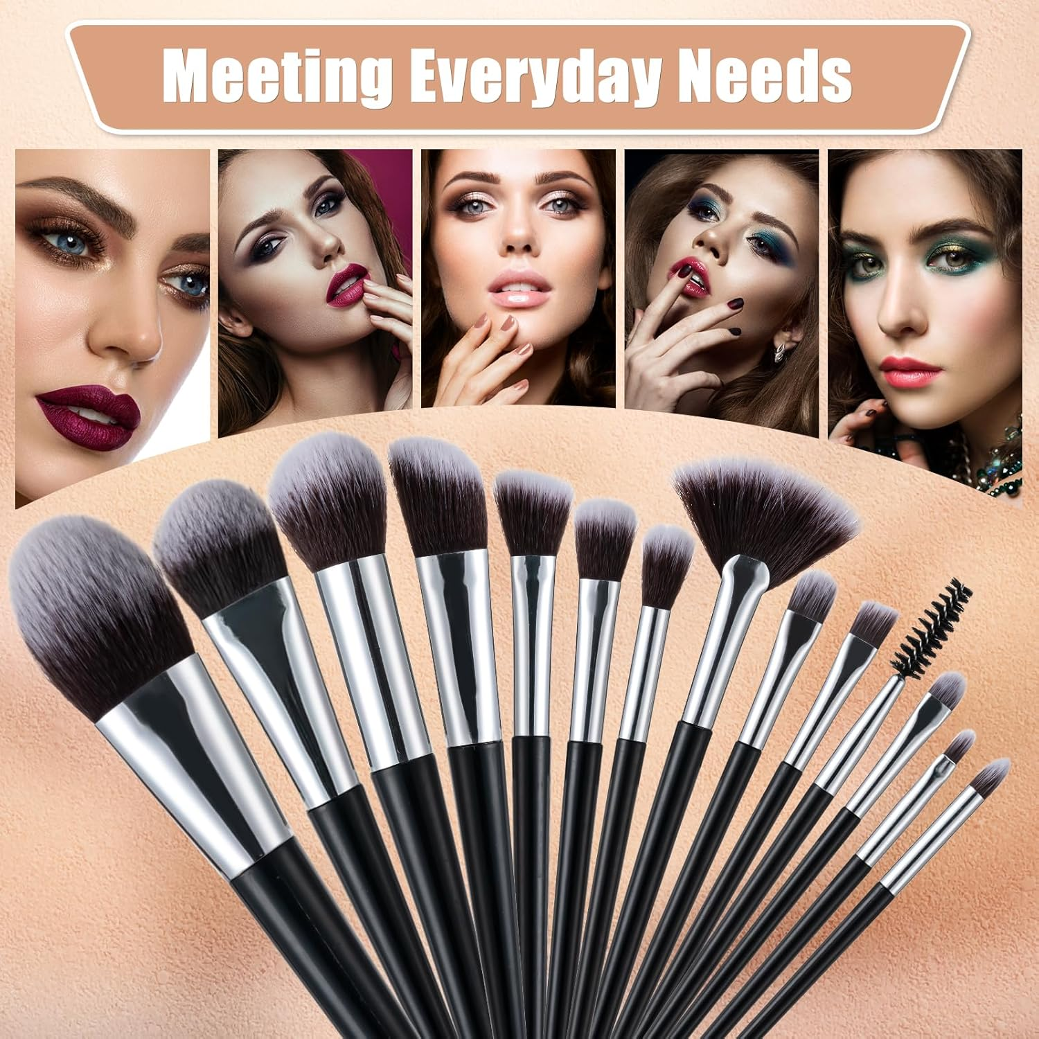 Makeup Brushes, 14 Pcs Professional Makeup Brush Set, Eye and Face Foundation Brush Set, Eyeshadow Brushes, Cosmetic Brushes, with PU Bag, Black image number 1
