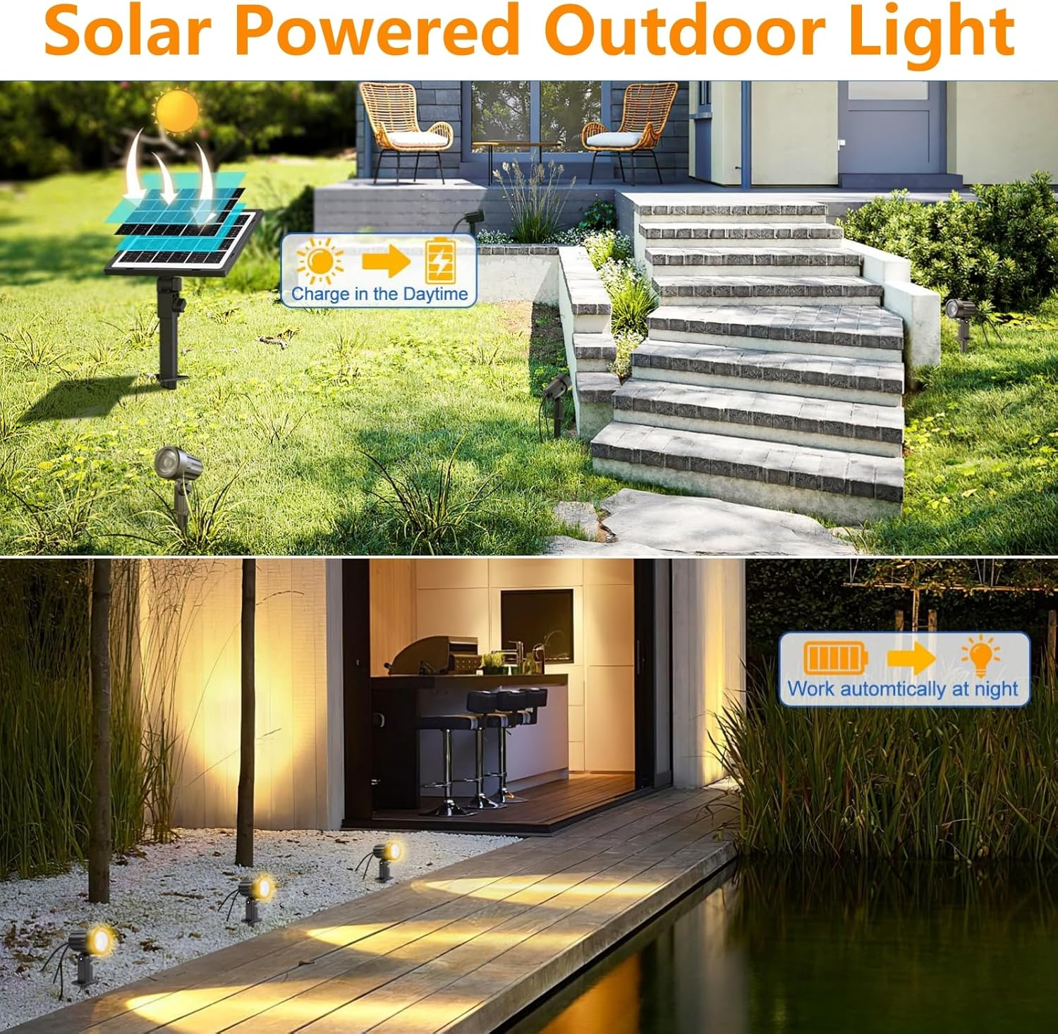 MEIKEE Solar Spot Lights Outdoor 3 in 1 Warm White 3000K LED Spotlights with Solar Panel, 3 Modes & 3 Brightness, IP66 Waterproof, 8-20H Autonomie Landscape Lighting for Garden Yard Lawn Tree Path
