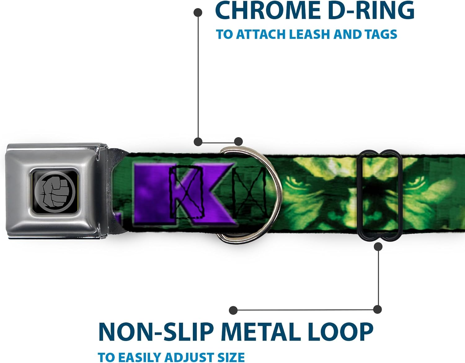 Dog Collar Seatbelt Buckle Hulk Face Close up Action Pose Greens Purples 11 to 17 Inches 1.0 Inch Wide image number 5