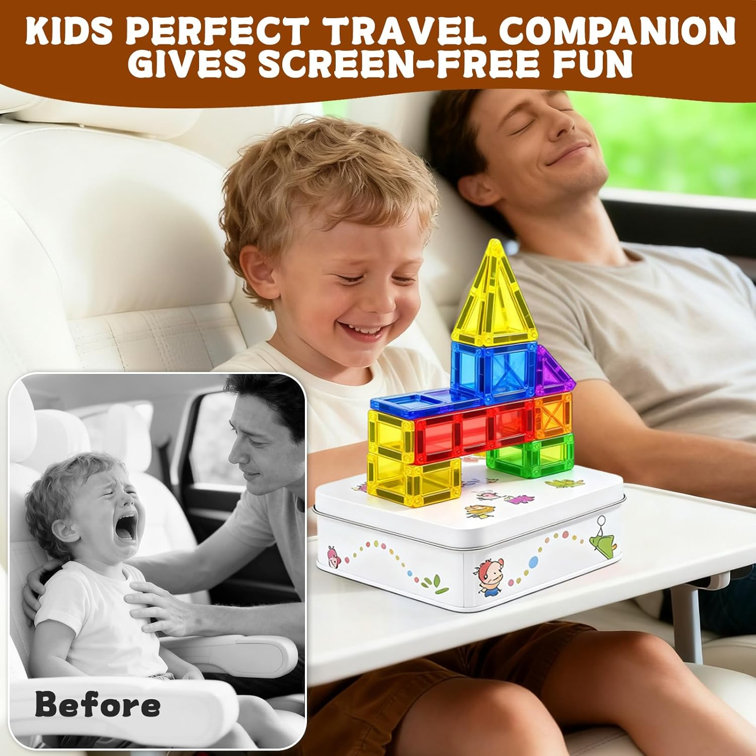 Mini Magnetic Tiles 56PCS, Travel Magnetic Tiles Set Portable with Iron Case, STEM Sensory Magnetic Building Toys Set for Kids Age 3+, Travel Toys Present for Boys Girls Birthday image number 5