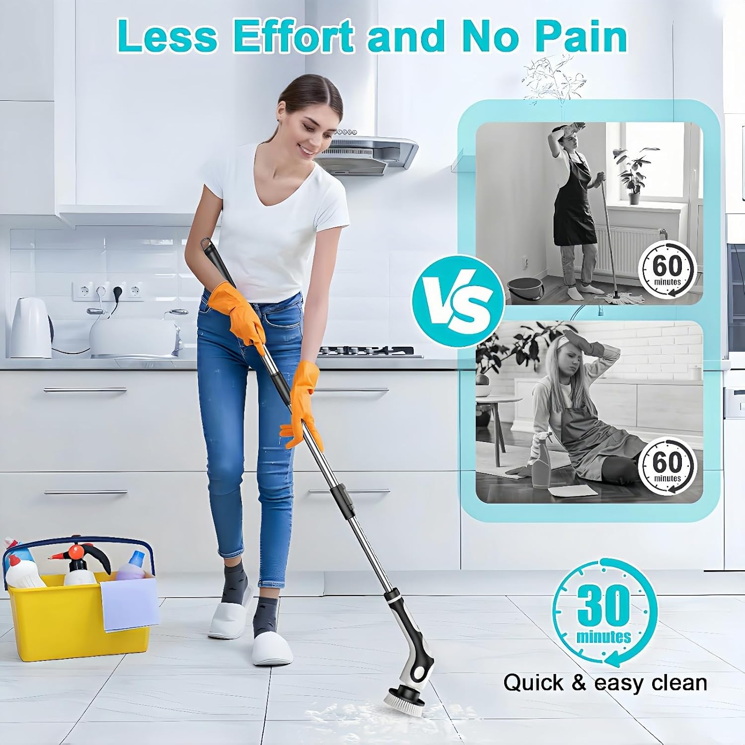 Electric Spin Scrubber, Voice Digital Display IPX7 Waterproof Handle Electric Cleaning Brush with 9 Replaceable Heads, Upgraded Extension Handle for Bathtub, Tile, Floor