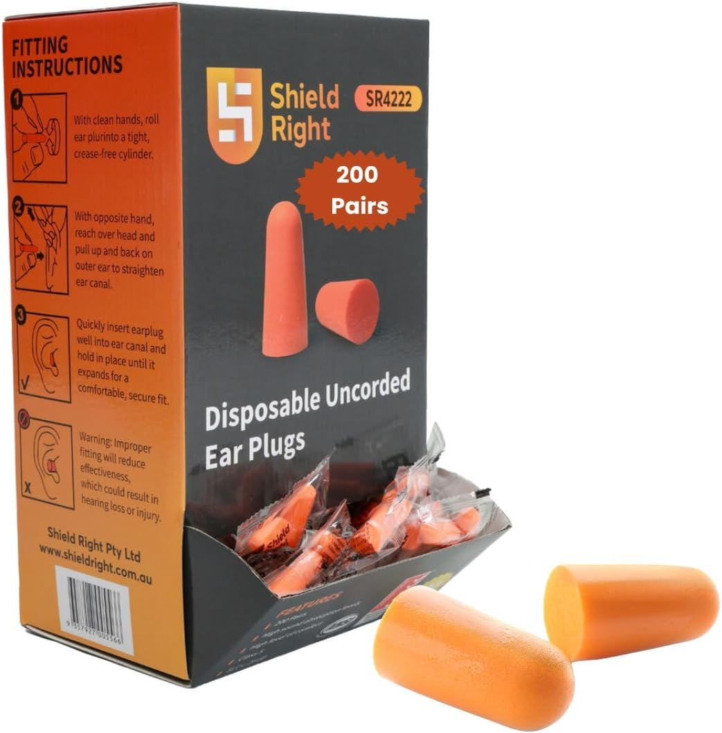 Shield Right 200 Pairs Ear Plugs, Uncorded, Individually Packaged, for Sleeping Hearing Protection Travel, Study, Concentration, Construction Site (Orange, One Size)