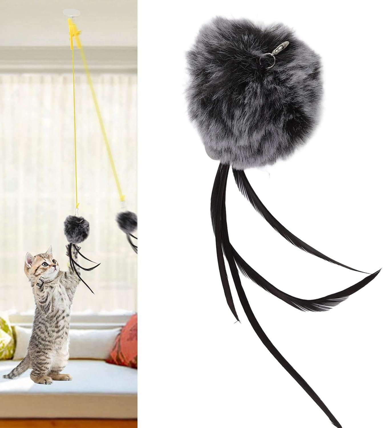 Door Hanging Cat Toy, Hanging Door Bouncing Cat Toy to Relieve Boredom and Stress, Elastic Rope (Funny Cat Rope and Grey Rabbit Fur Ball with Tail) image number 3