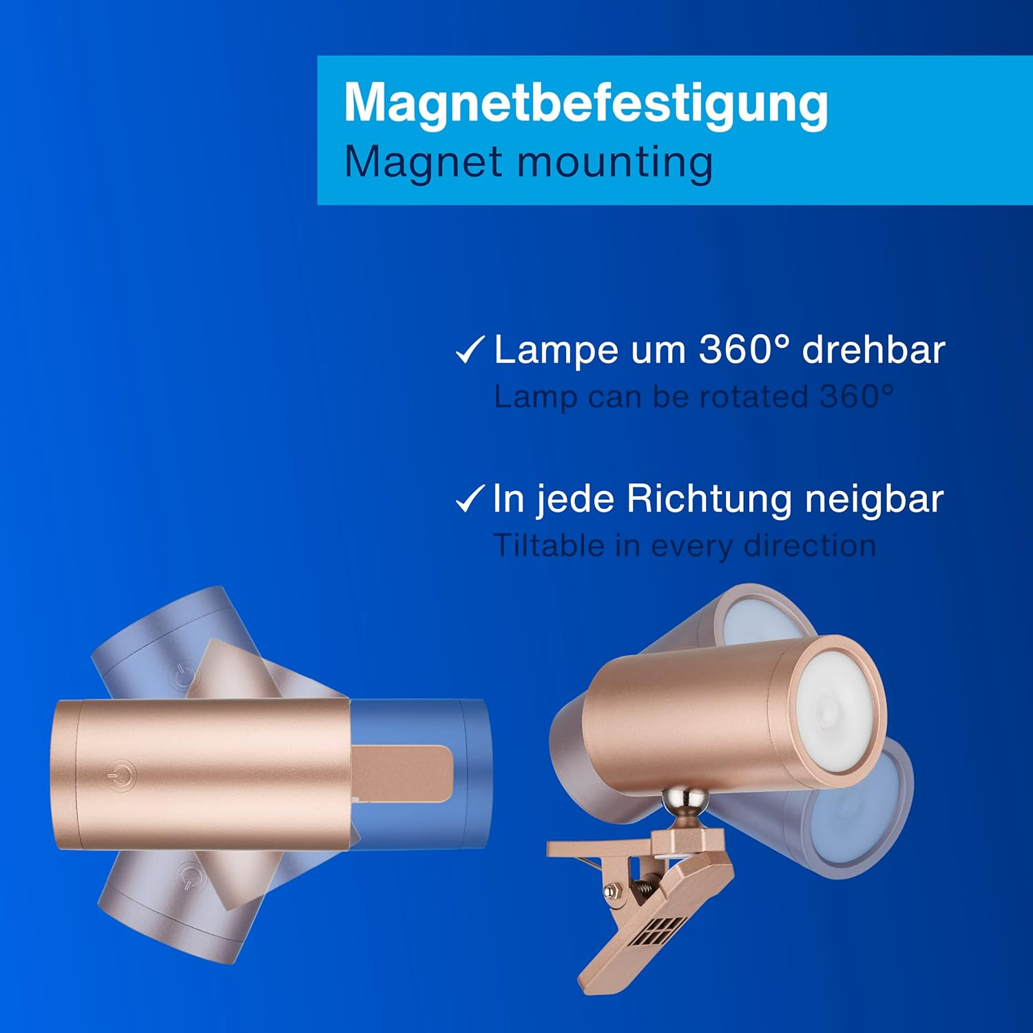 REV LED Wall Light with Battery and Motion Sensor, 180 Lm, Wireless, Dimmable, 360&deg; Rotatable, Path Light to Take with You - Ideal for Camping, Garage & Basement, IP54, Copper image number 5