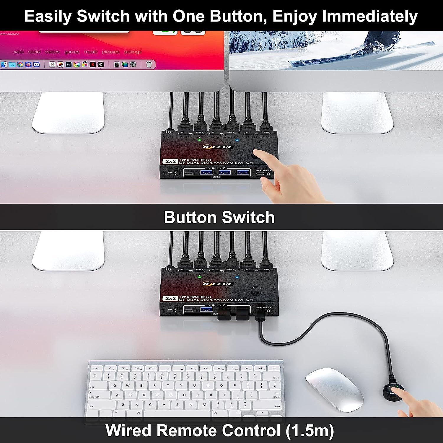 MST Dual Monitor KVM Switch Displayport Splitter 1 in 2 Out 2 Monitors 2 Computers USB 3.0 DP 1.4 KVM Switcher Max Support Dual 4K@100Hz Extended or Mirror Display, with Wired Remote Control image number 6