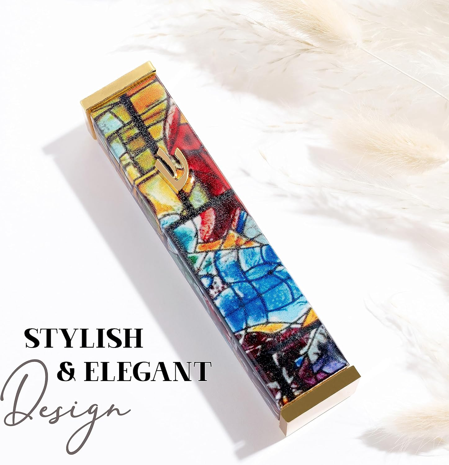 SURI Mezuzah for Door with Printed Scroll inside | 4" Modern Mezuzah Case with Yellow Chagall Design, 24K Gold-Plated Aluminum | Jewish Gift from Israel, Includes Adhesive - Blue  Gold image number 3