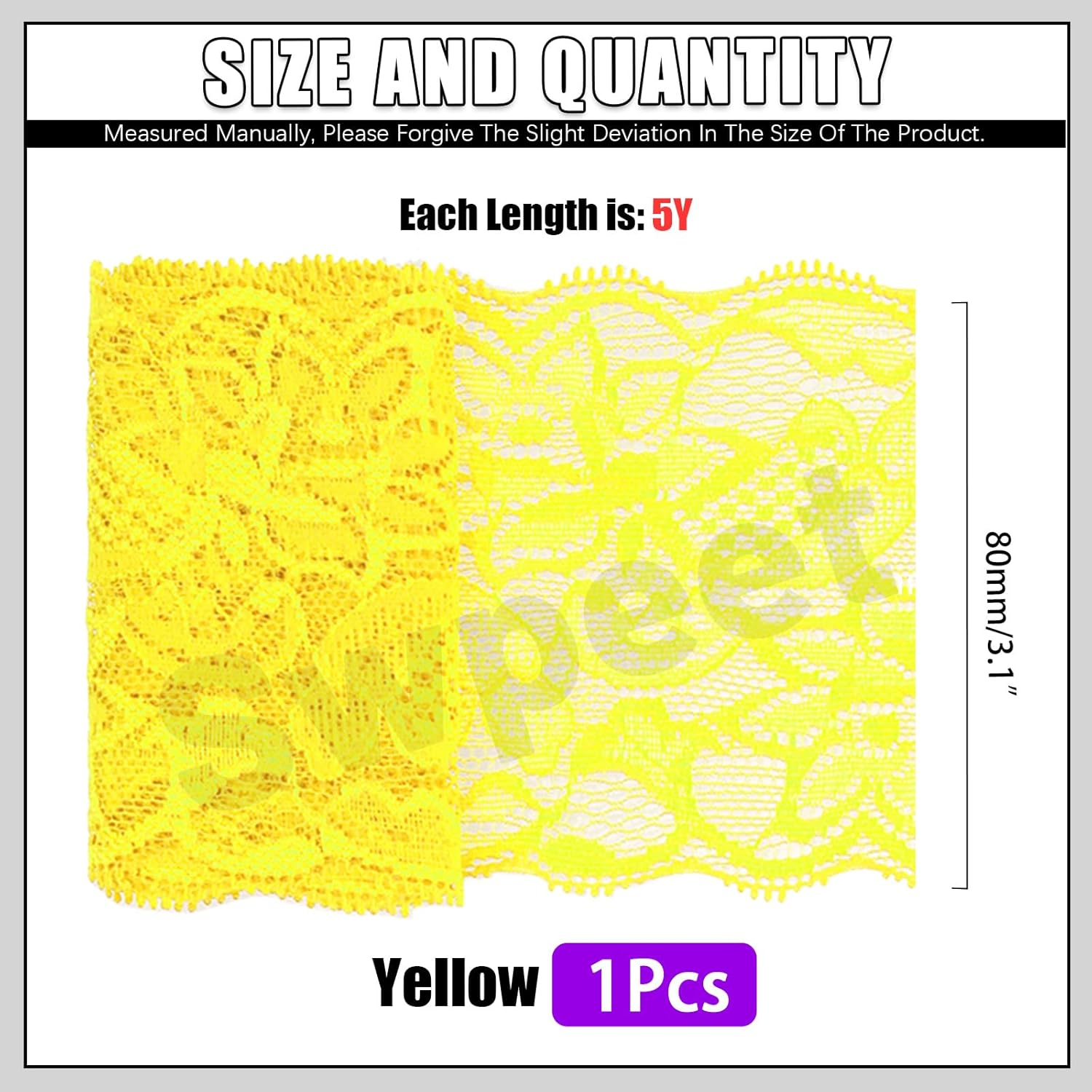 Swpeet 5 Yard by 3.15" Wide Yellow Lace Fabric Stretch Elastic, Trim Lace Ribbon, Elastic Sewing Trim Ribbon for Garment, Headbands, Wedding Bouquet Making DIY Crafts image number 5