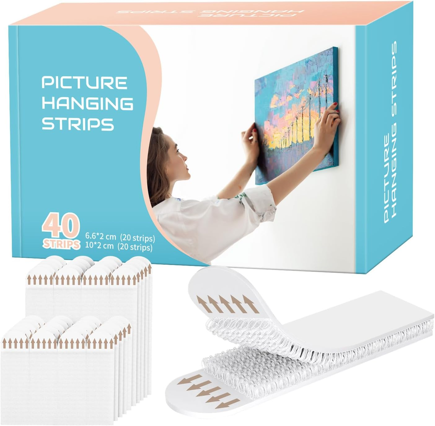 Picture Hanging Strips Heavy Duty, Damage Free Hanging Picture Hangers for Walls, Picture Hanging Kit, Hanging Hooks without Nails, Medium Poster Wall Strips White 20-Pairs (White, 6.6Cm+10Cm) image number 4