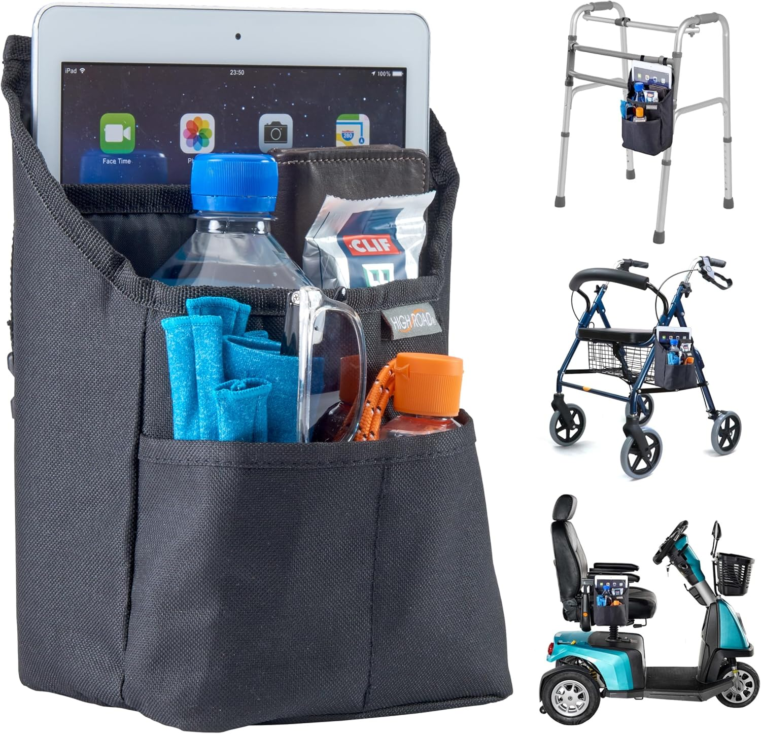 High Road Mobility Scooter Organizer, Compact Walker Bag and Wheelchair Side Bag with Easy Access Pockets for Adult Daily Living Needs (Gray Check)