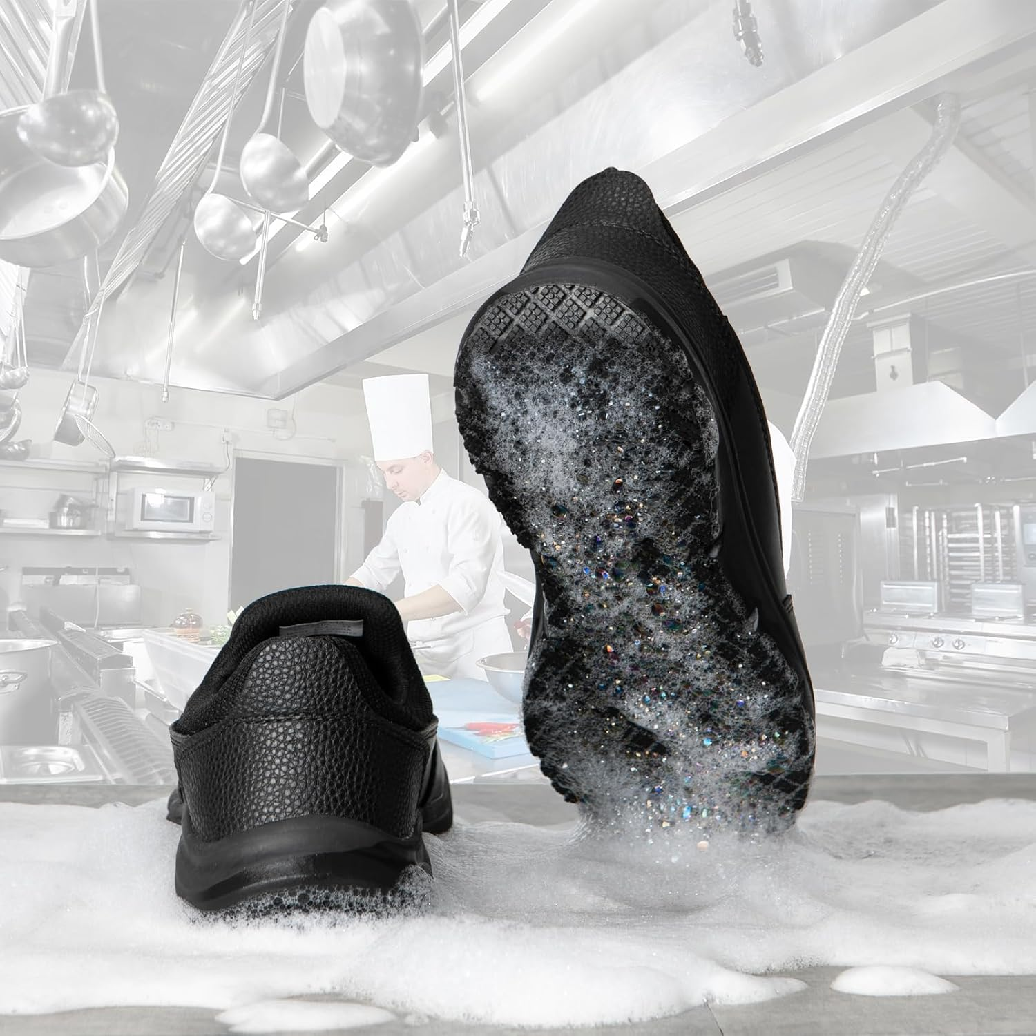 NAVEKULL Men'S Non Slip Food Service Shoes Water Resistant Kitchen Restaurant Chef Shoes Black Leather Slip Resistant Work Shoes image number 5