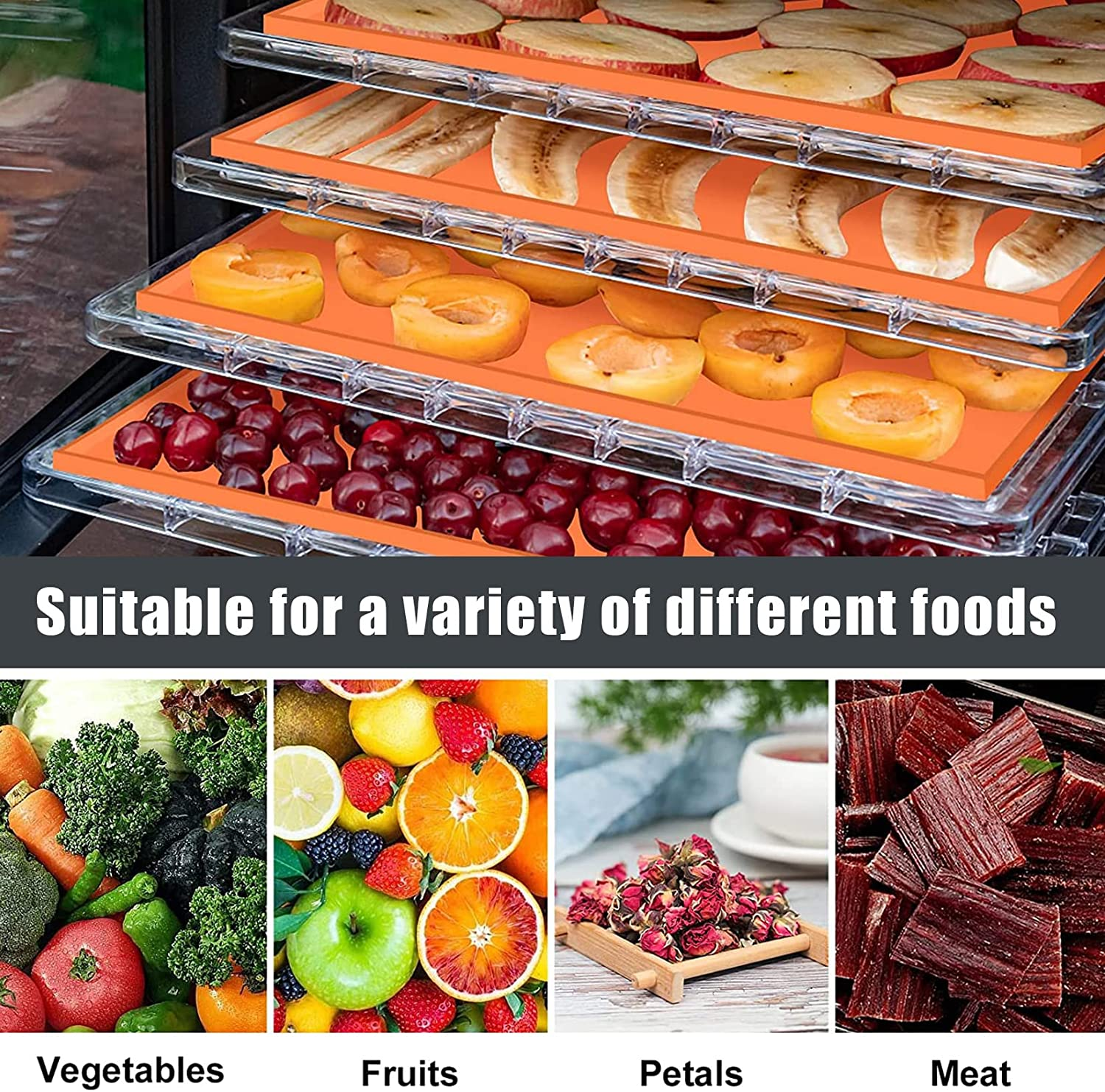 Silicone Dehydrator Sheets 5 Pieces with Edge for Liquid Fruit Leather Meat Vegetables Non-Stick Dehydrator Trays with Silicone Scraper image number 5