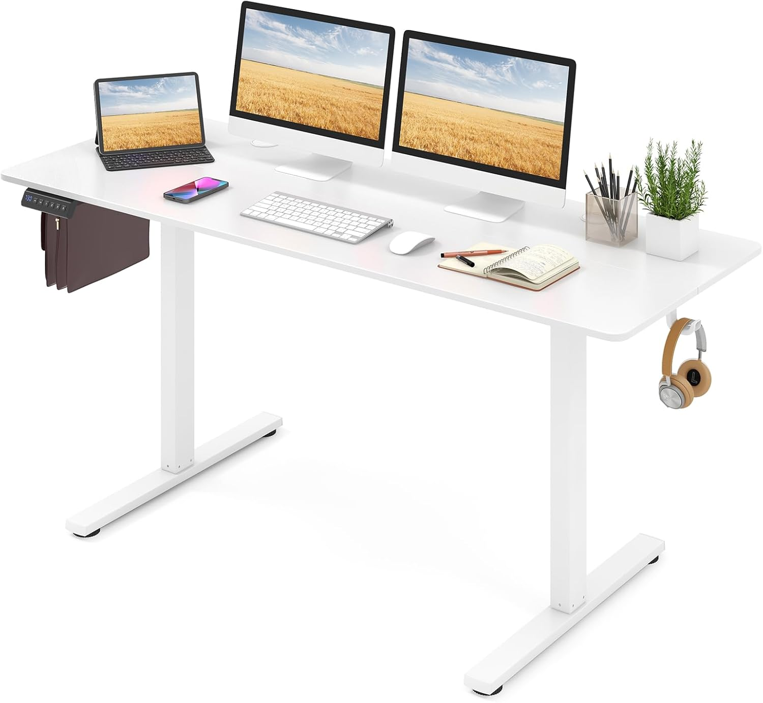 Giantex Electric Standing Desk, 160 X 60 Cm Large Sit Stand Desk W/ 3 Memory Heights, Height Adjustable Computer Desk W/ 2 Hanging Hooks & Cable Holes, Anti-Collision Design, for Home Office (White)