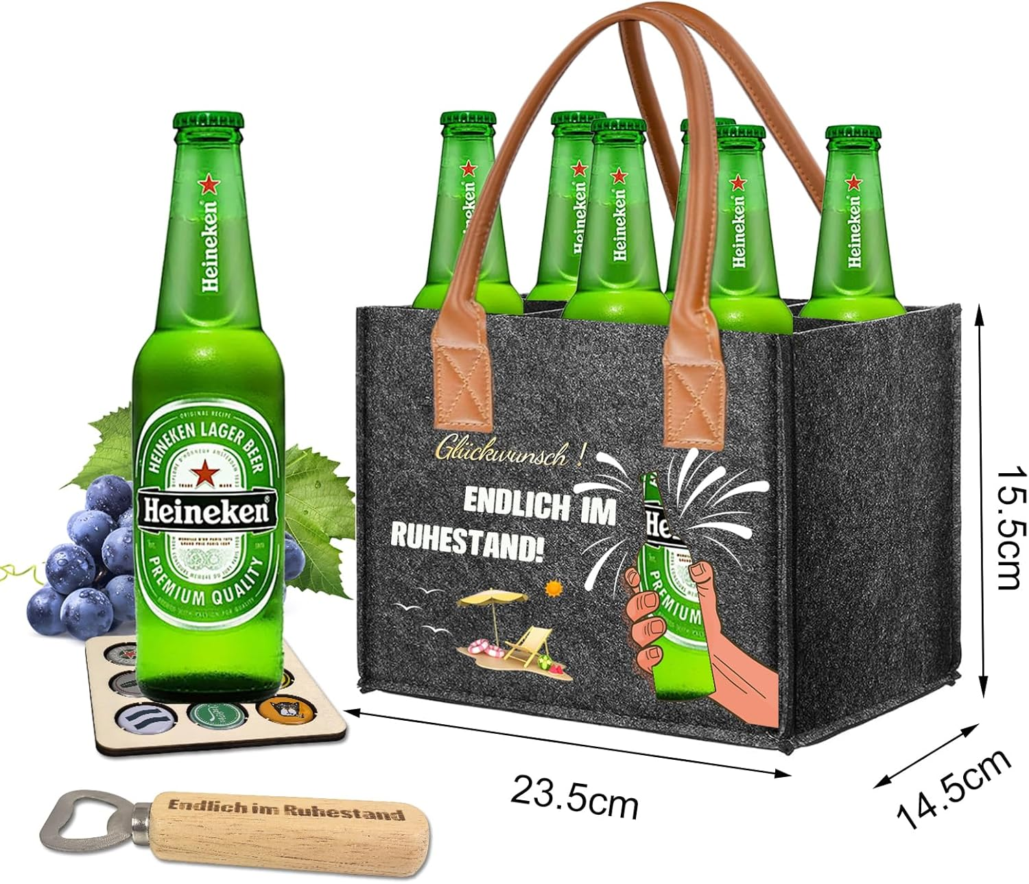 Retirees Gift, High Quality Felt Beer Bag for 6 Bottles with Bottle Opener & Greeting Card & Collector of Beer Bottle Caps - Ideal Retirement Gift for Men, Friends, Coworkers, Gray image number 2