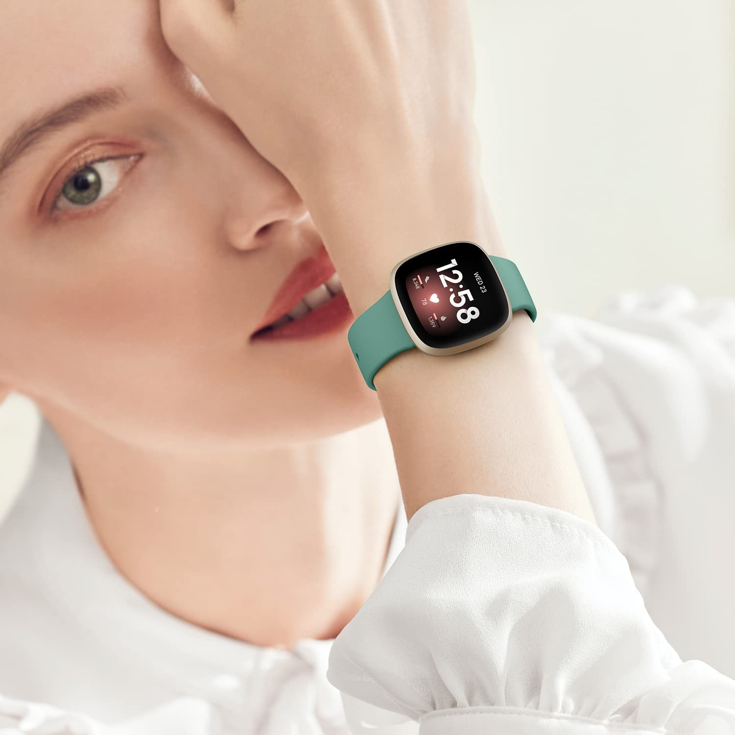 WAESRY [4 Pack] Silicone Bands for Fitbit Versa 3 Bands, Sense Band, Soft Adjustable Sport Replacement Wristbands Women/Men / Sense, Black + Navy Light Green Burgundy image number 4