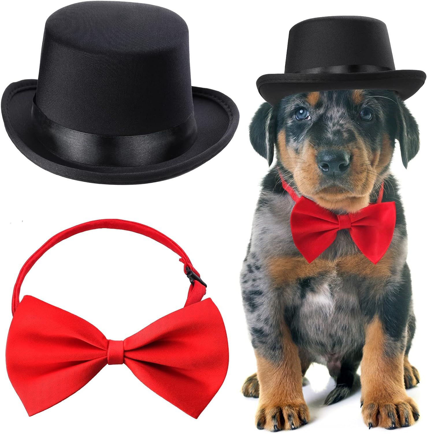 Yewong 2 Pieces Pet Formal Accessories Set - Top Hat with Necktie/Bowtie for Dog Cat Birthday Party Graduation Halloween Costumes (Black-A) One Size