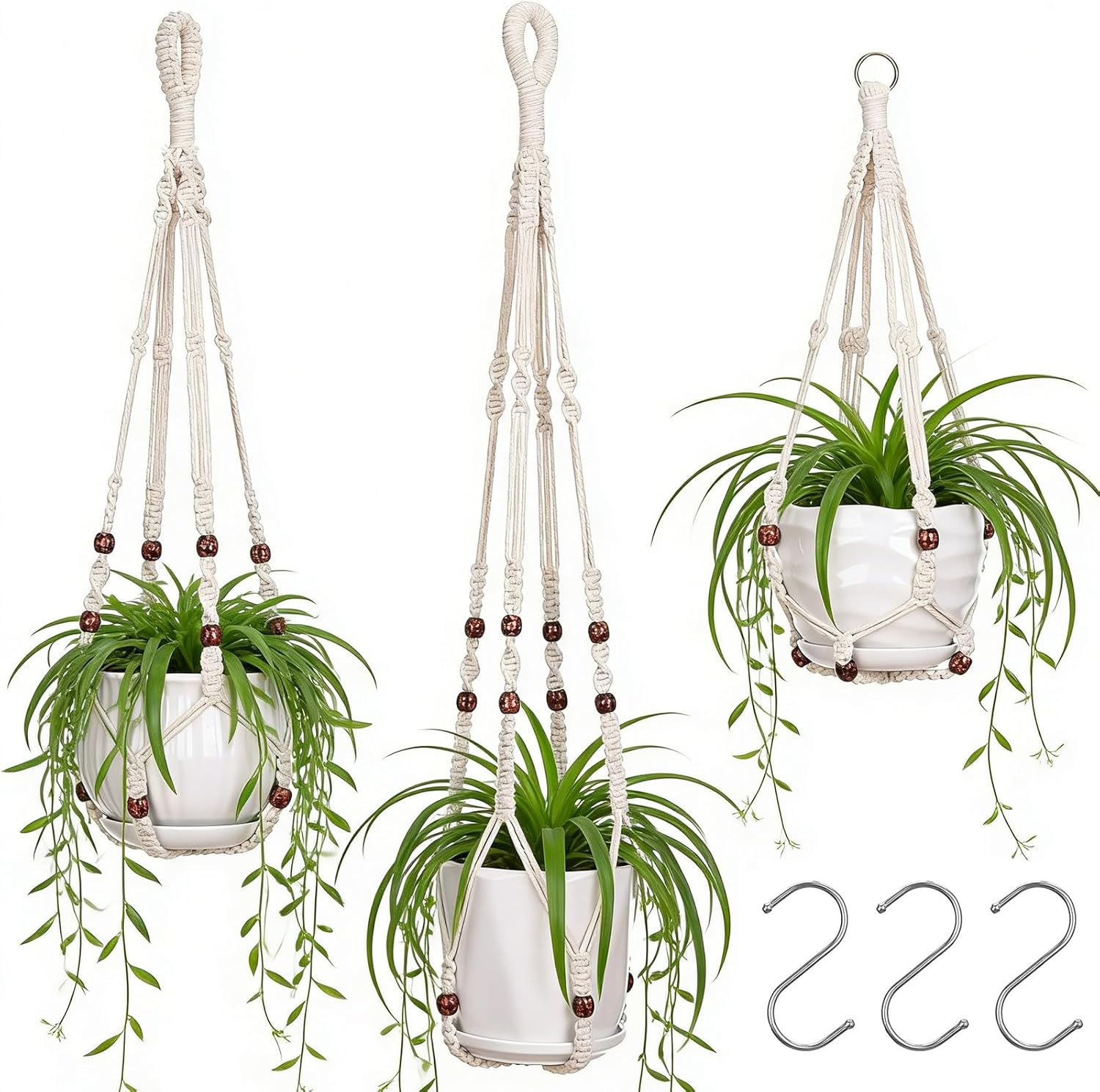 YIBOT 3 Pack Macrame Plant Hanger Indoor Hanging Planter Basket with 3 Hooks, 35"/29"/23" Crochet Plant Holder Stand No Tassels for Indoor Outdoor Boho Home Decor, Ivory (POTS NOT Included)