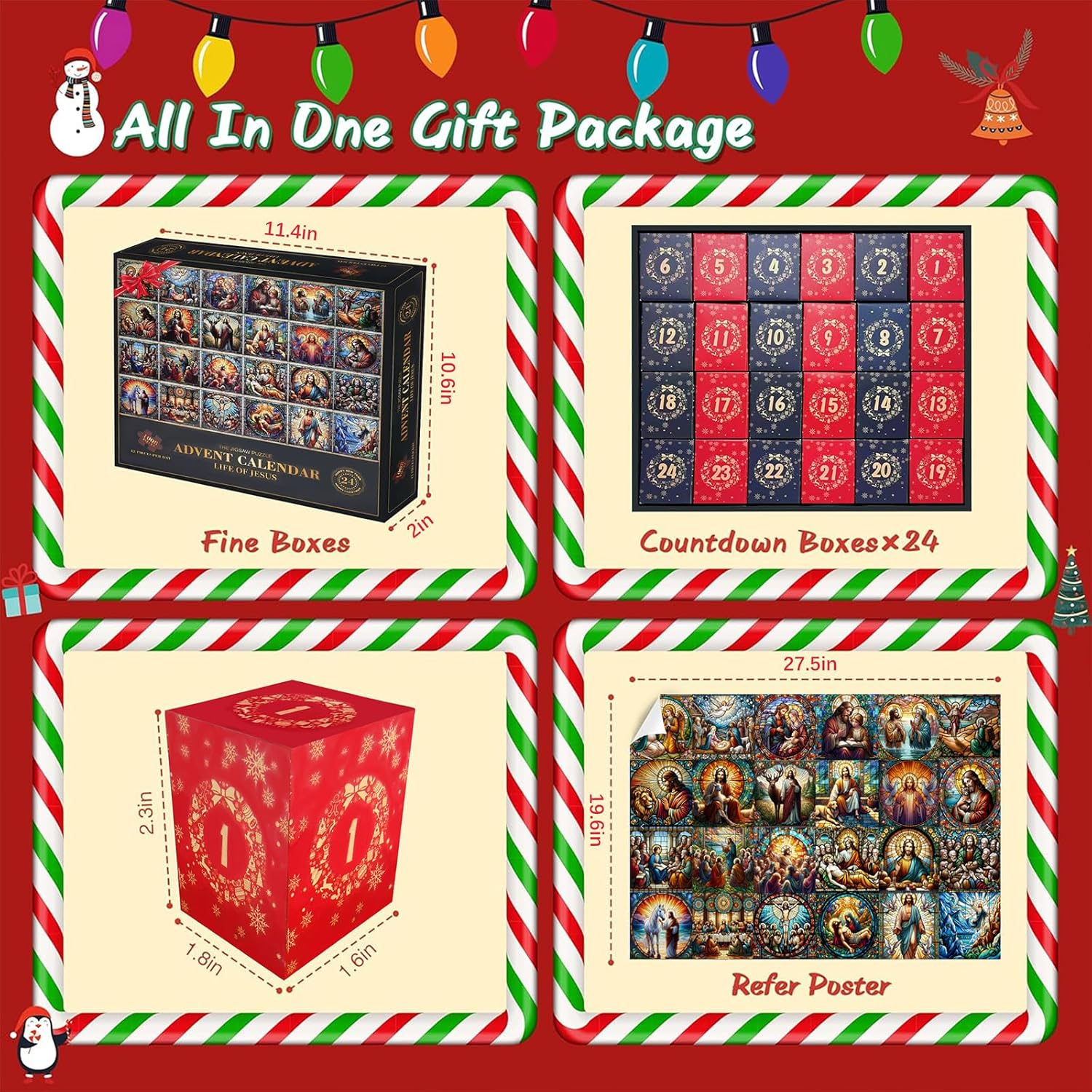 2025 Christmas Puzzle Advent Calendar for Kids Adults 1008 Pieces, Christmas Stained Glass Life of Jesus Jigsaw Puzzles, 24 Days Christmas Countdown Calendar Puzzle as Christmas Decoration image number 6