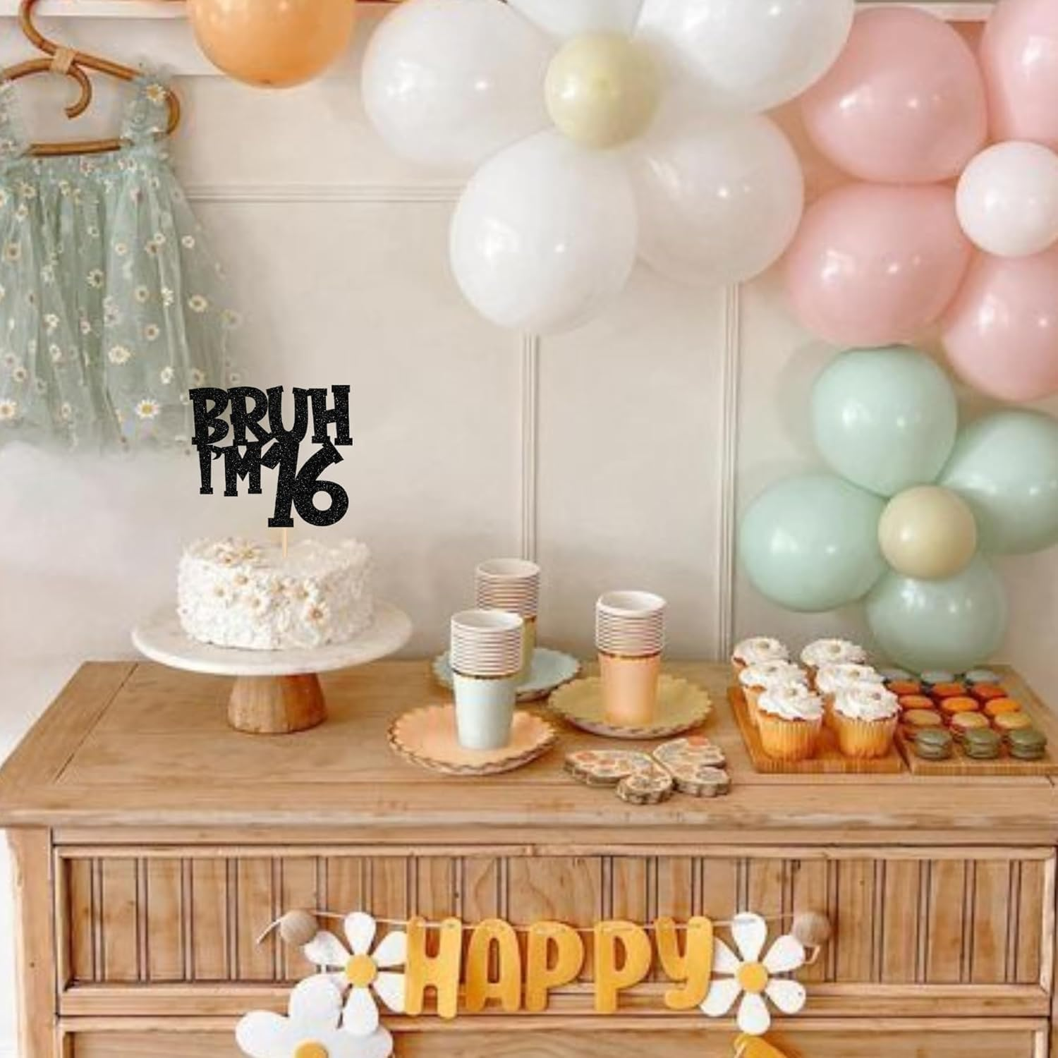 SYKYCTCY 1 Pack Black Glitter Bruh I'M 16 Cake Topper Glitter Cheers to 16Th Cake Pick Funny 16Th Cake Decorations for Happy Birthday Party Supplies Black image number 2